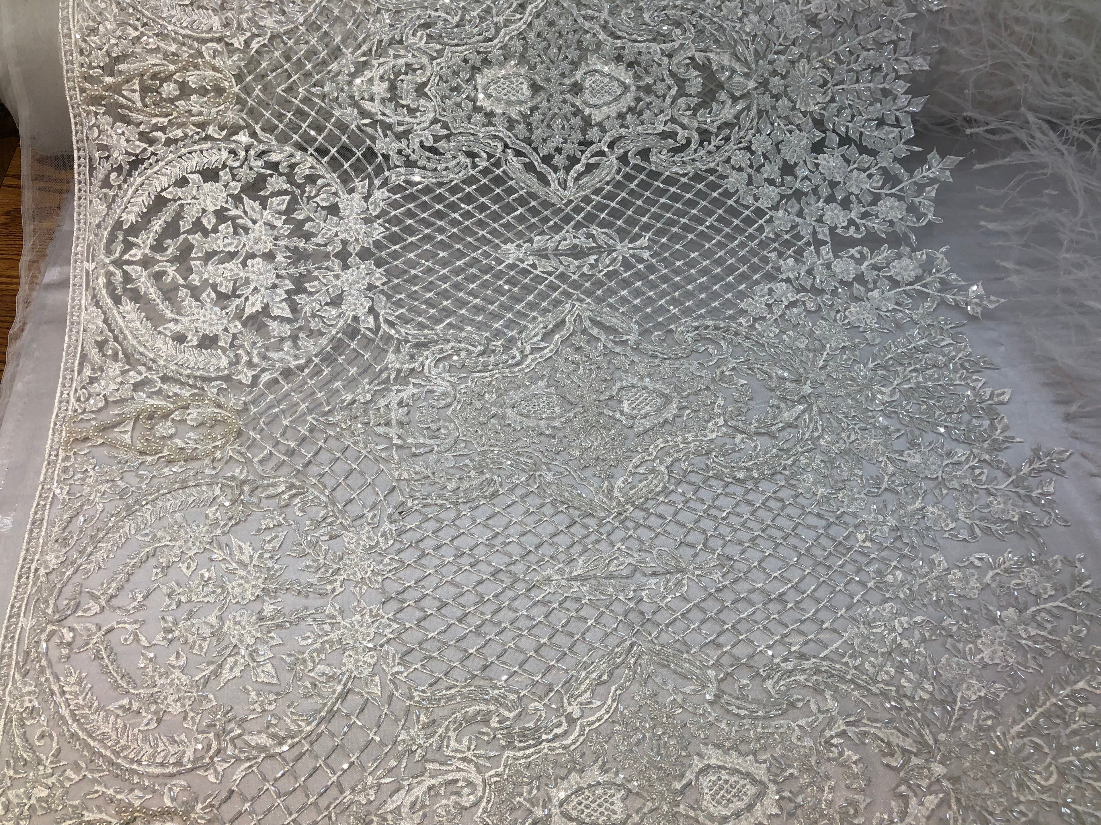 Beaded Feather Fabric - Ivory - Embroidered Luxury Mesh Lace with Beads and Feathers By The Yard