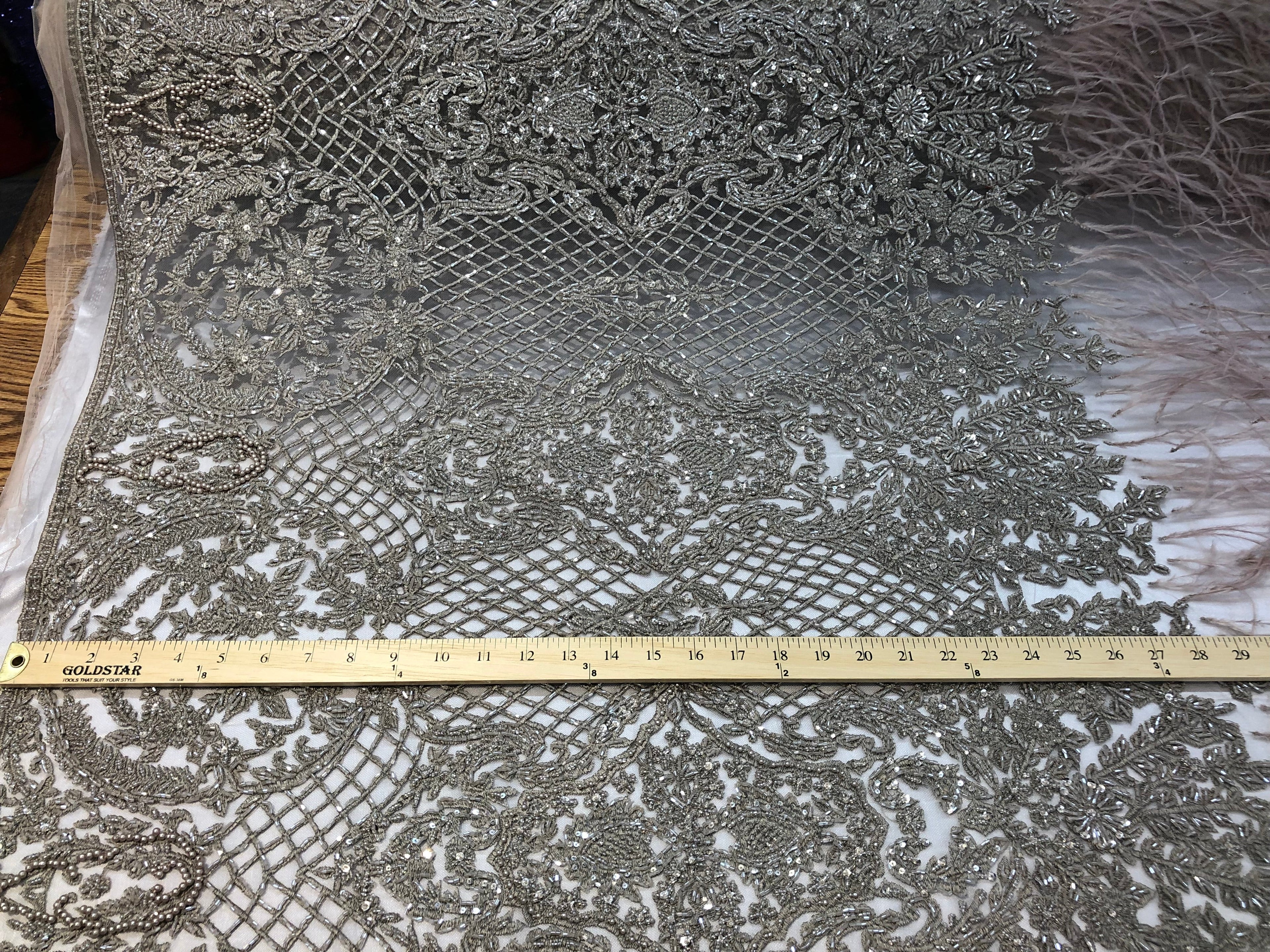 Beaded Feather Fabric - Dark Champagne - Embroidered Luxury Mesh with Beads and Feathers By The Yard