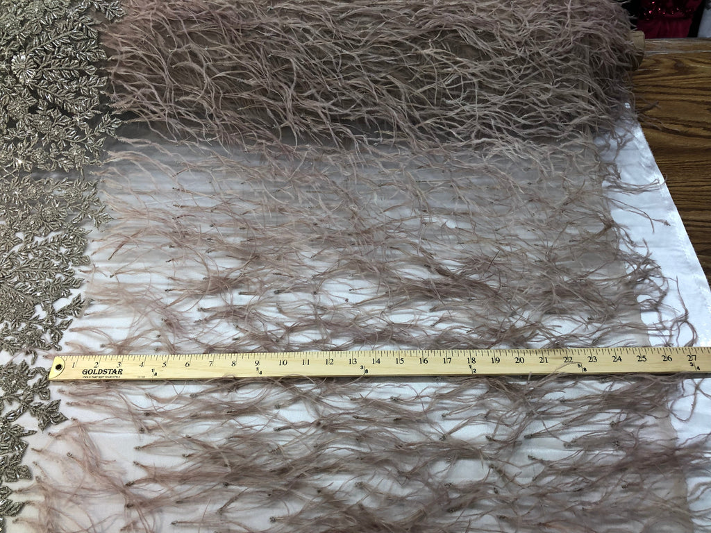 Beaded Feather Fabric - Dark Champagne - Embroidered Luxury Mesh with Beads and Feathers By The Yard