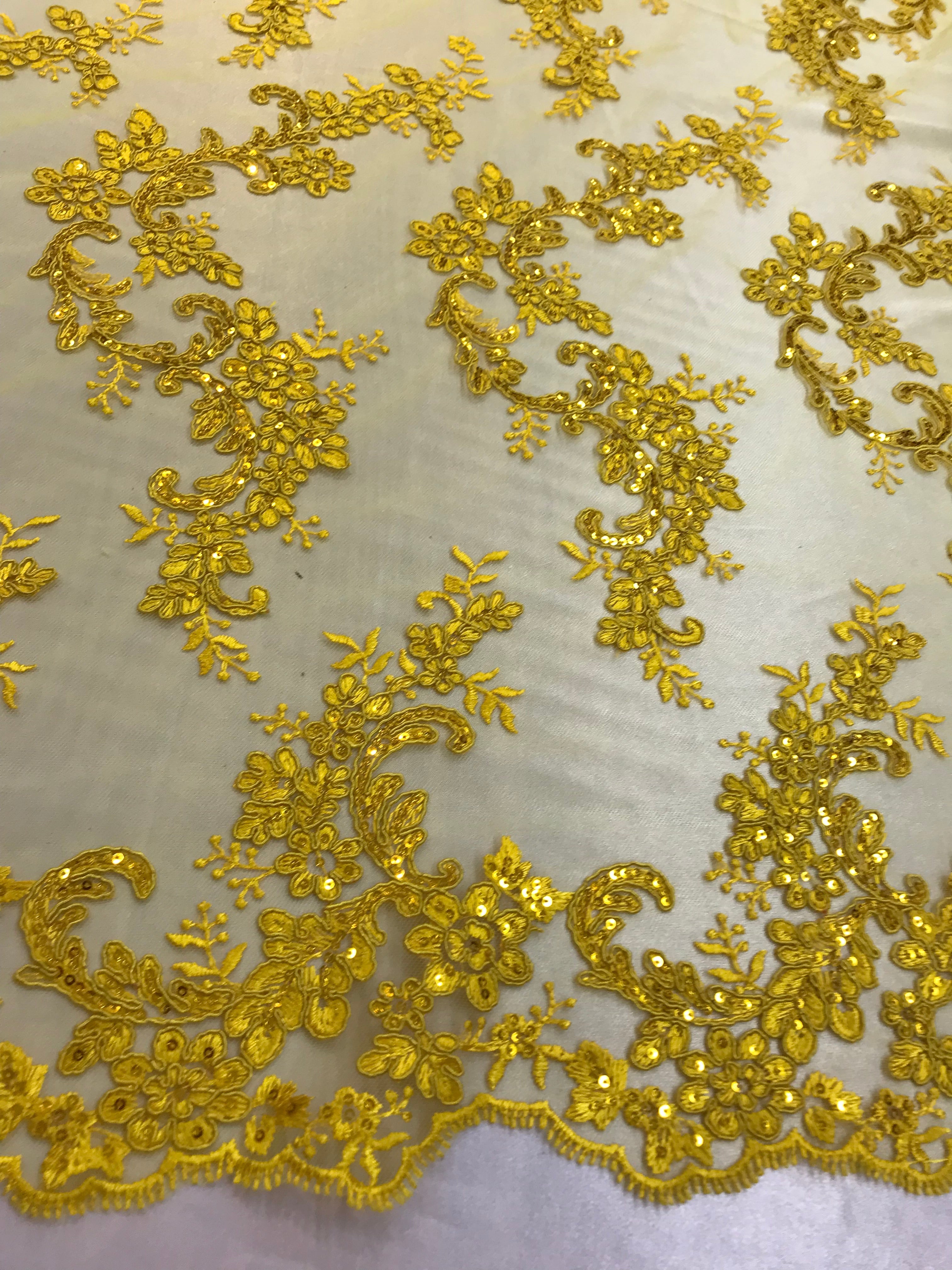 Floral Lace Fabric - Yellow - Flowers Embroidery Sequins Mesh Design Fabric Sold By The Yard