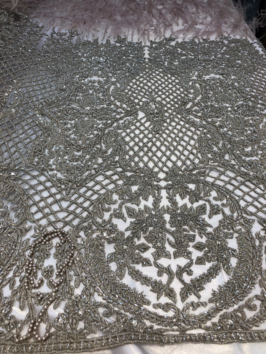 Beaded Feather Fabric - Dark Champagne - Embroidered Luxury Mesh with Beads and Feathers By The Yard