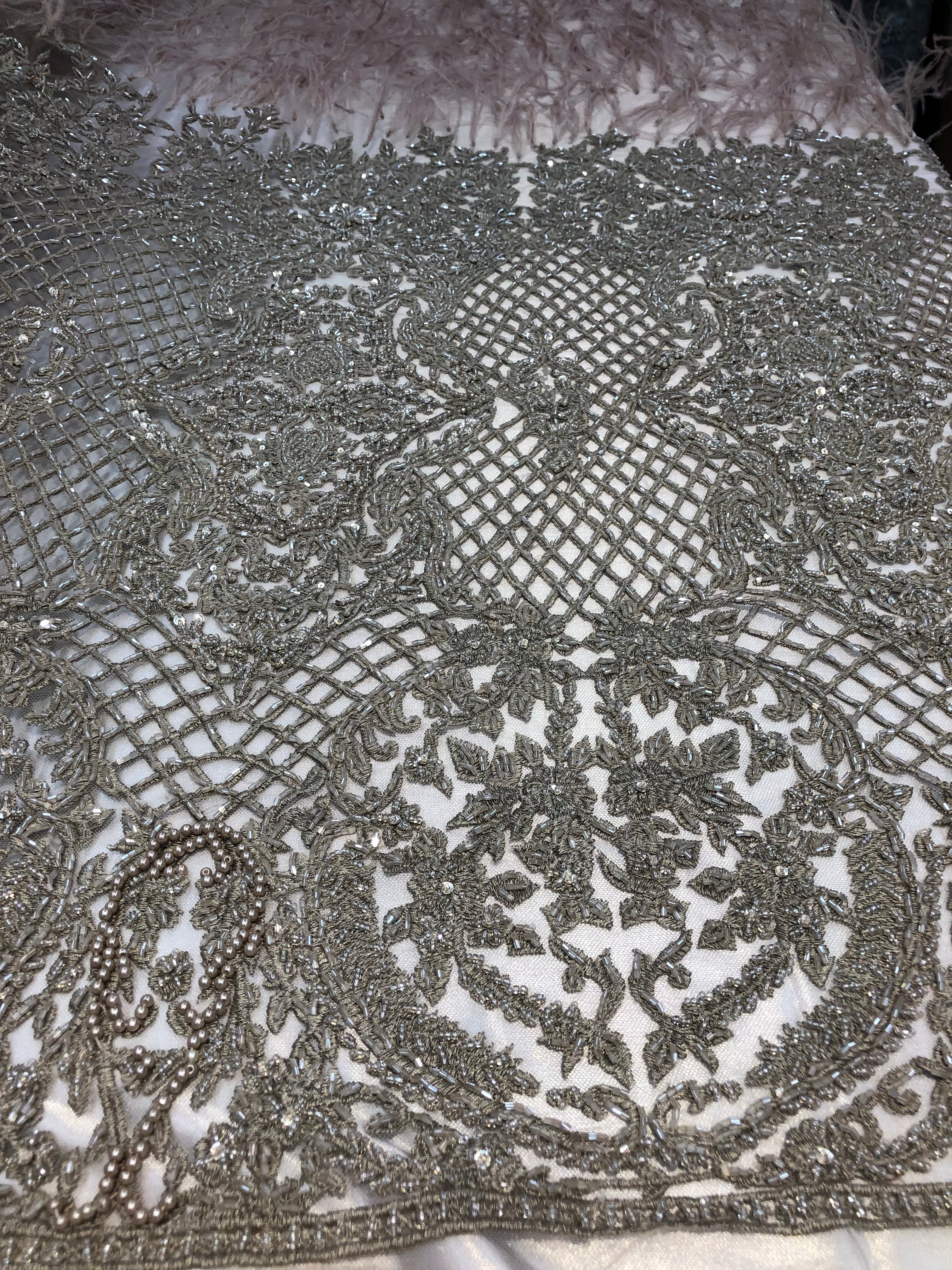 Beaded Feather Fabric - Dark Champagne - Embroidered Luxury Mesh with Beads and Feathers By The Yard