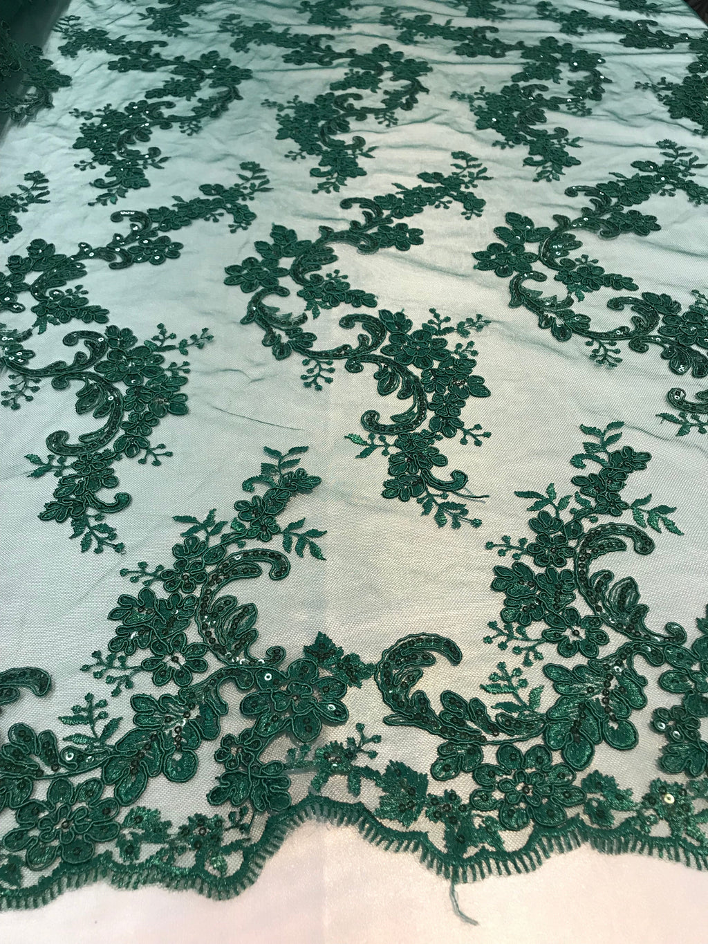 Floral Lace Fabric - Hunter Green  - Flowers Embroidery Sequins Mesh Design Fabric Sold By The Yard