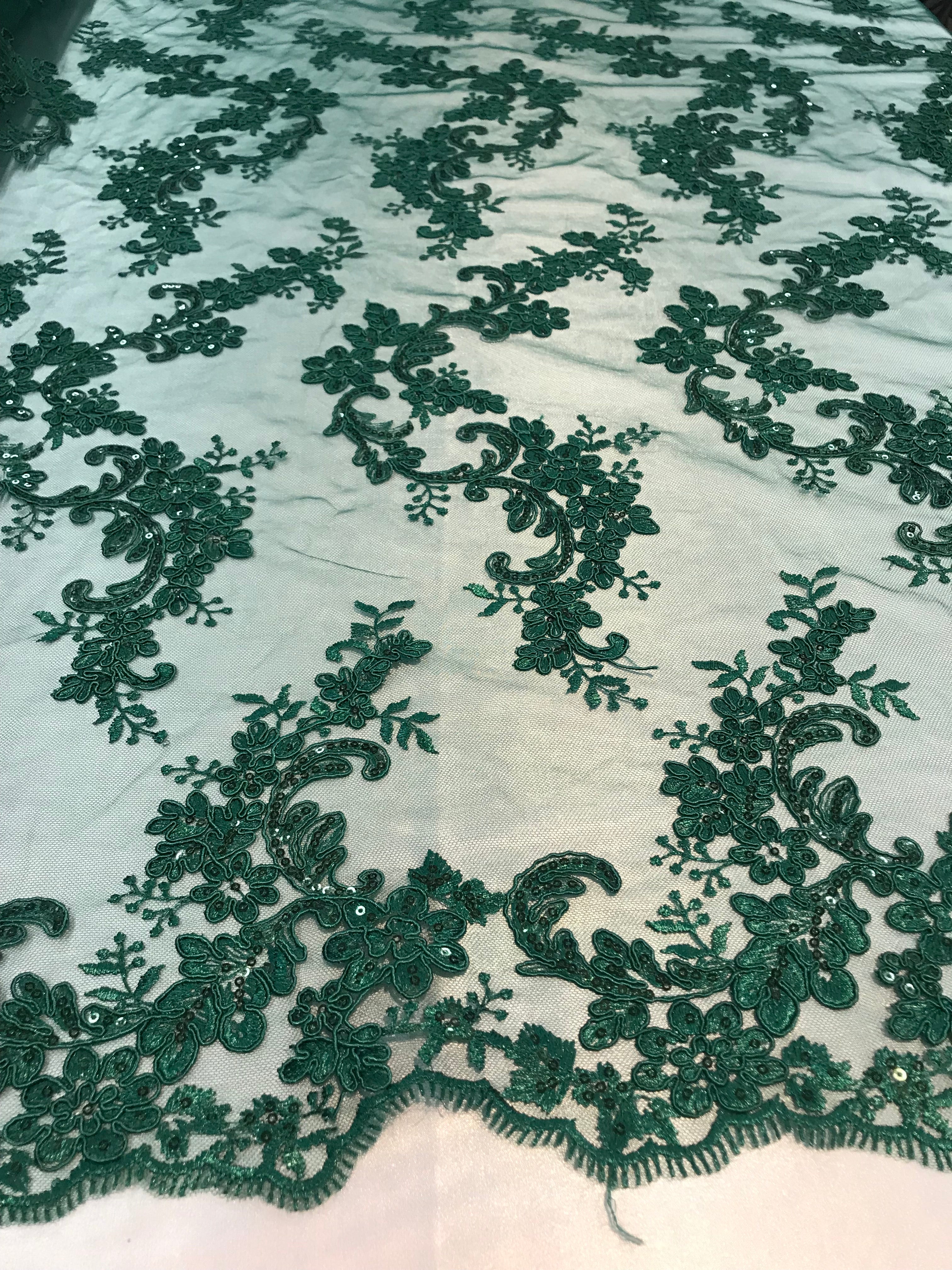 Floral Lace Fabric - Hunter Green  - Flowers Embroidery Sequins Mesh Design Fabric Sold By The Yard