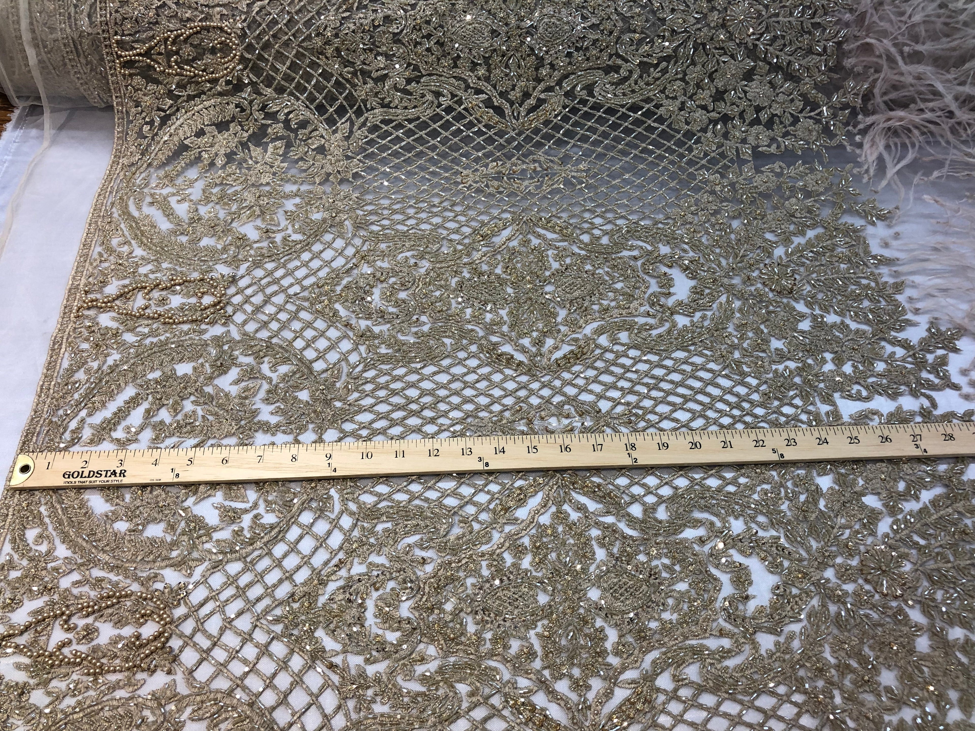 Beaded Feather Fabric - Honey Gold Embroidered Luxury Mesh Lace with Beads and Feathers By The Yard