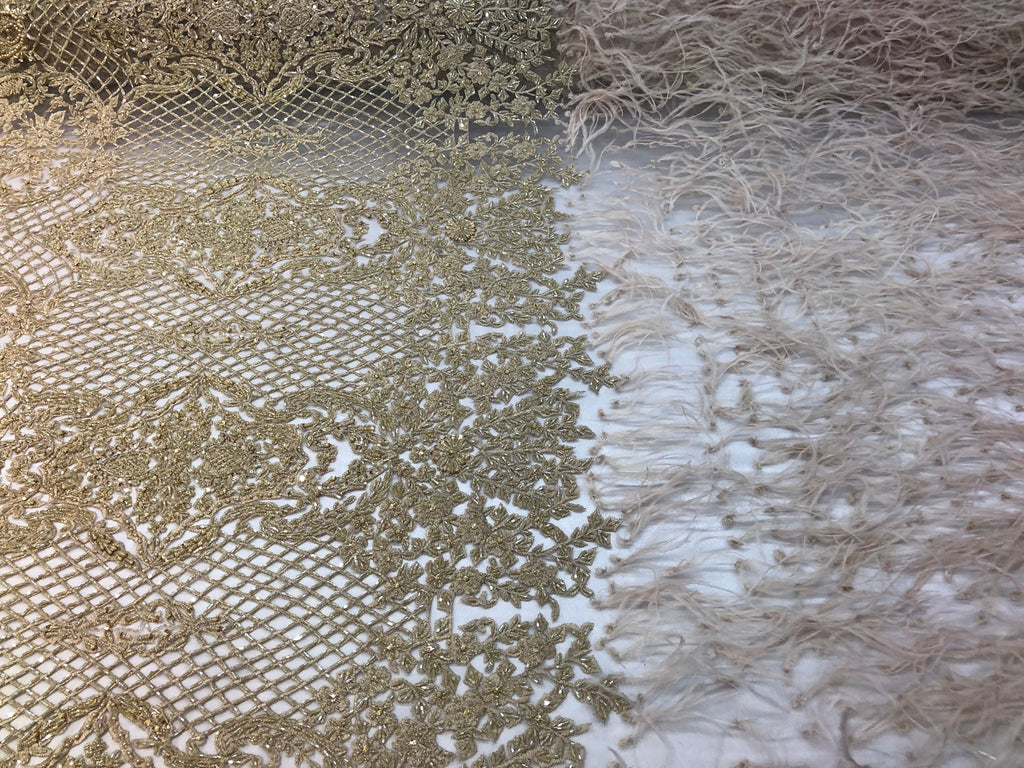 Beaded Feather Fabric - Honey Gold Embroidered Luxury Mesh Lace with Beads and Feathers By The Yard