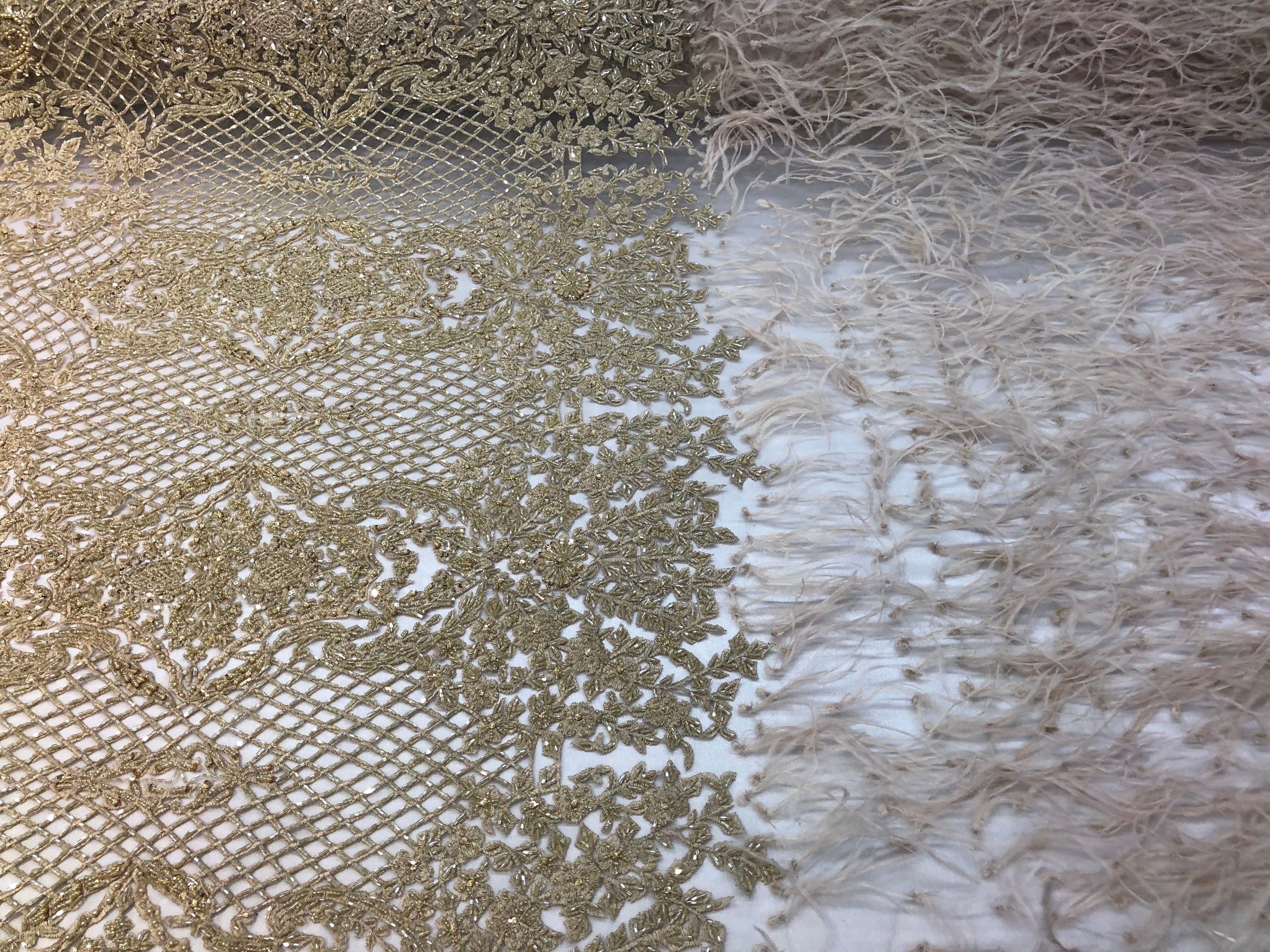 Beaded Feather Fabric - Honey Gold Embroidered Luxury Mesh Lace with Beads and Feathers By The Yard