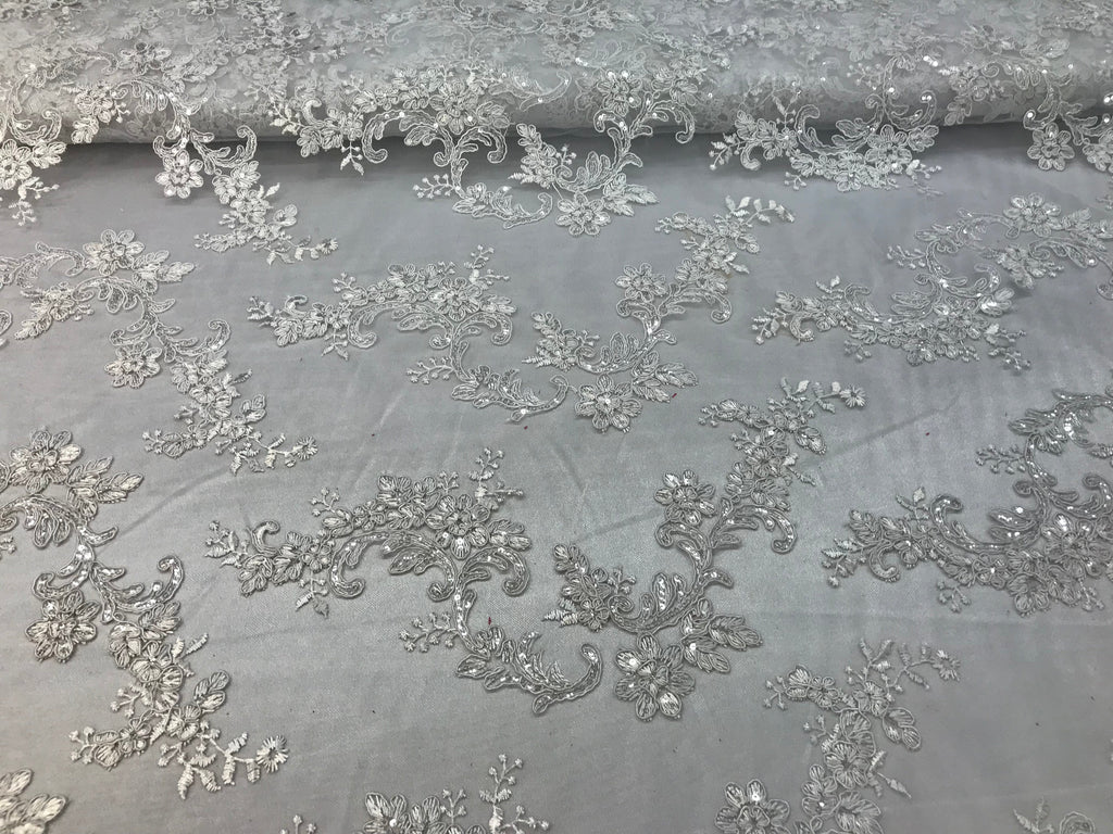 Floral Lace Fabric - White - Flowers Embroidery Sequins Mesh Design Fabric Sold By The Yard