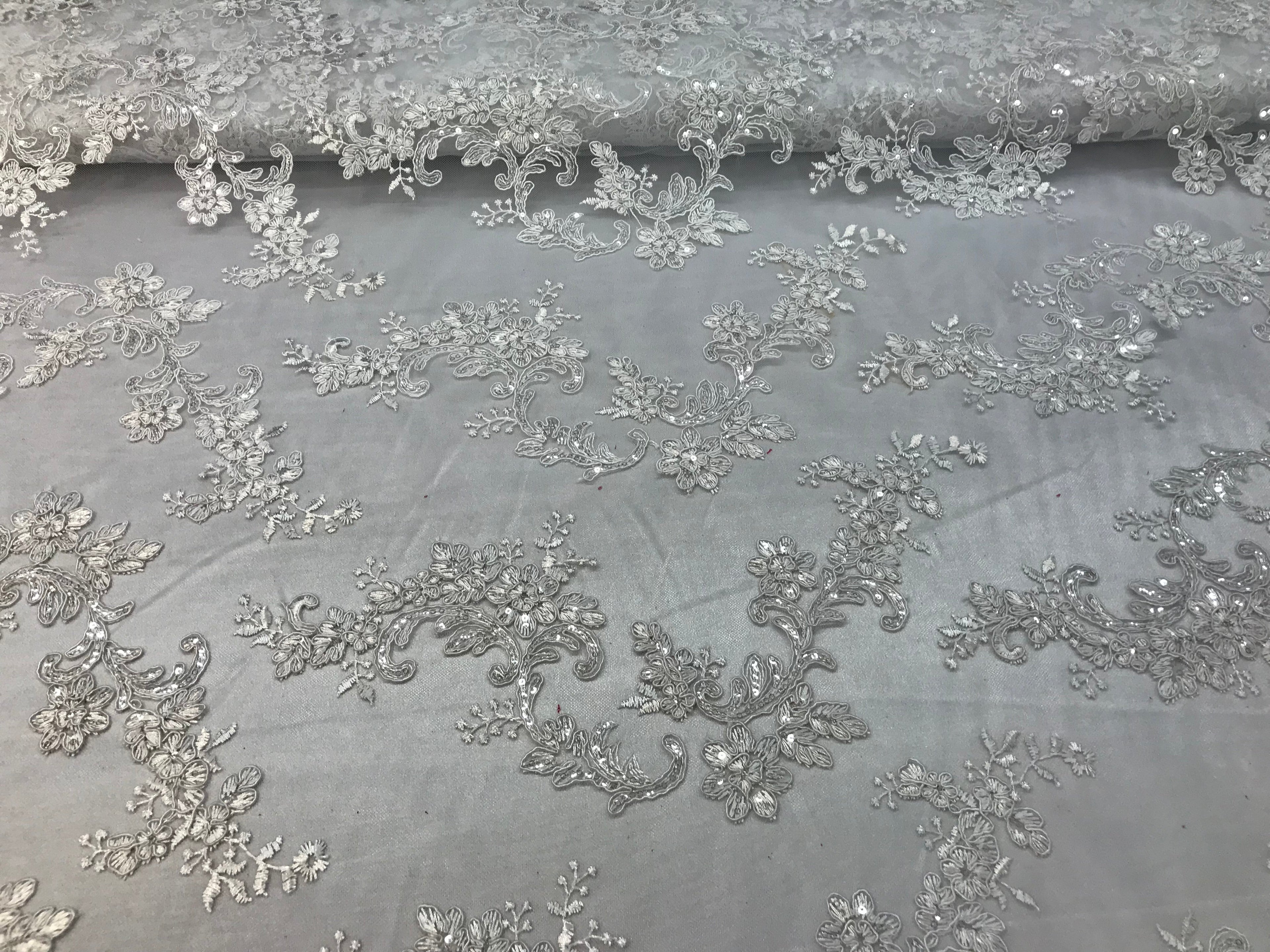 Floral Lace Fabric - White - Flowers Embroidery Sequins Mesh Design Fabric Sold By The Yard