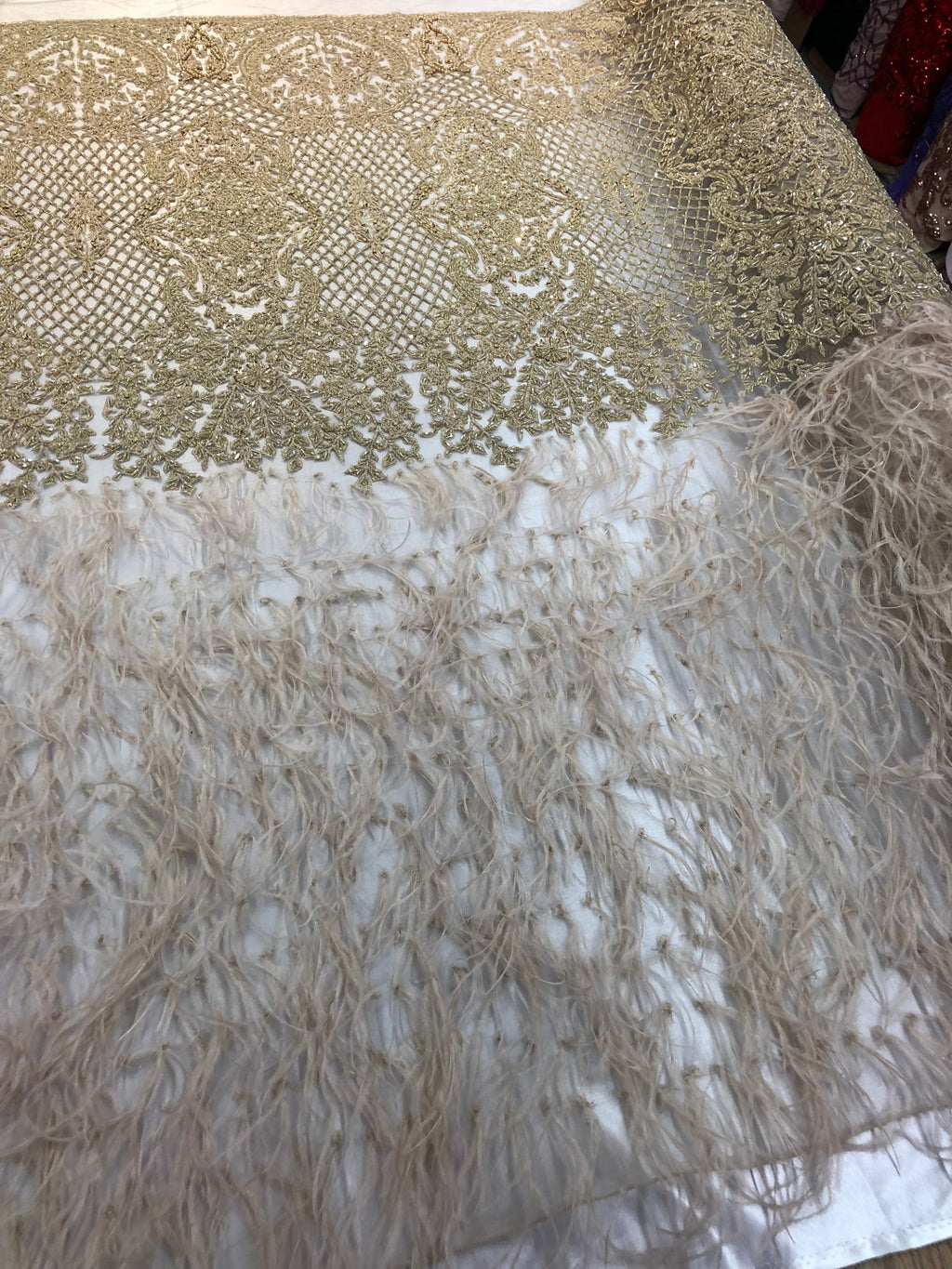 Beaded Feather Fabric - Honey Gold Embroidered Luxury Mesh Lace with Beads and Feathers By The Yard