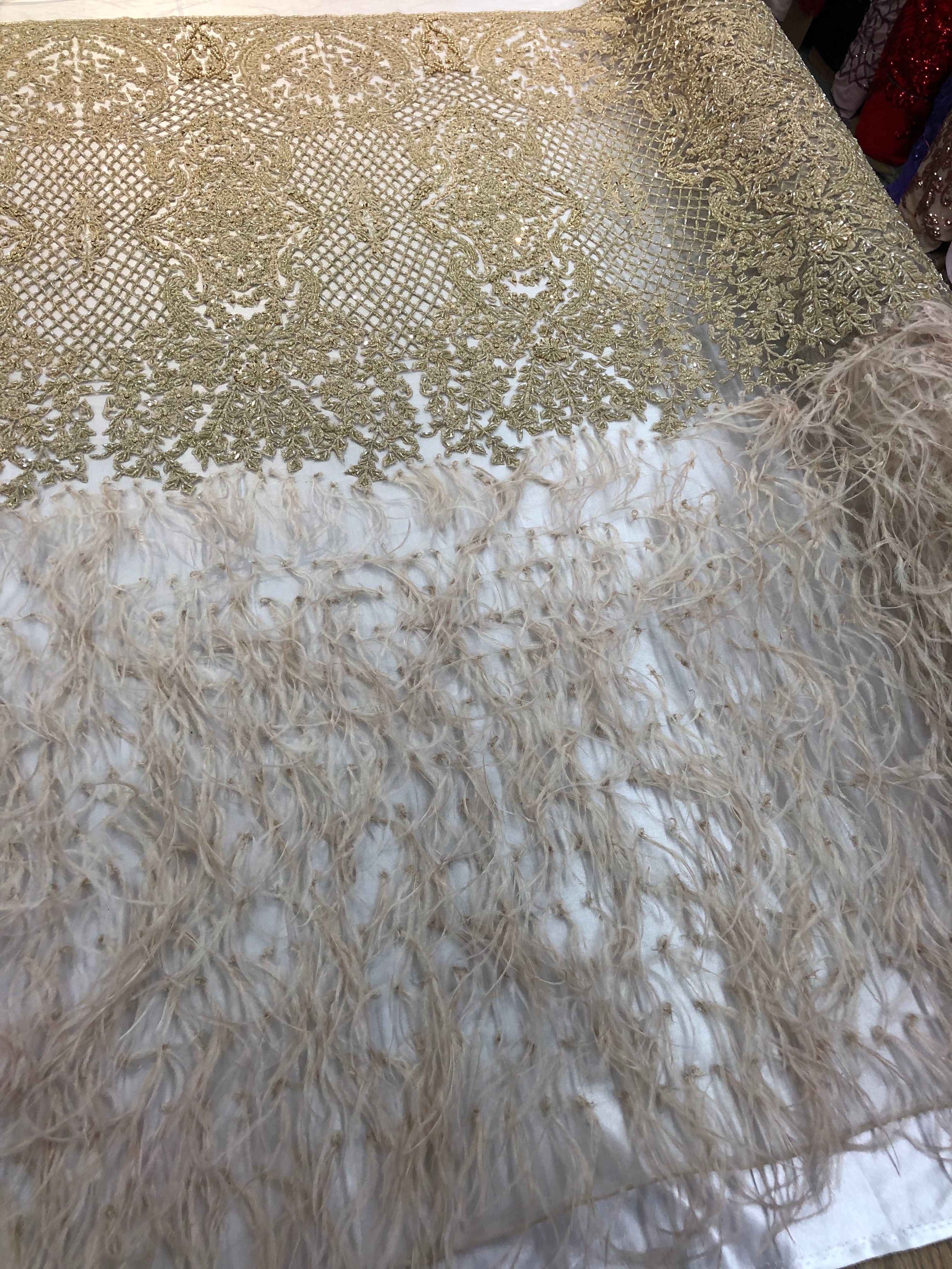 Beaded Feather Fabric - Honey Gold Embroidered Luxury Mesh Lace with Beads and Feathers By The Yard