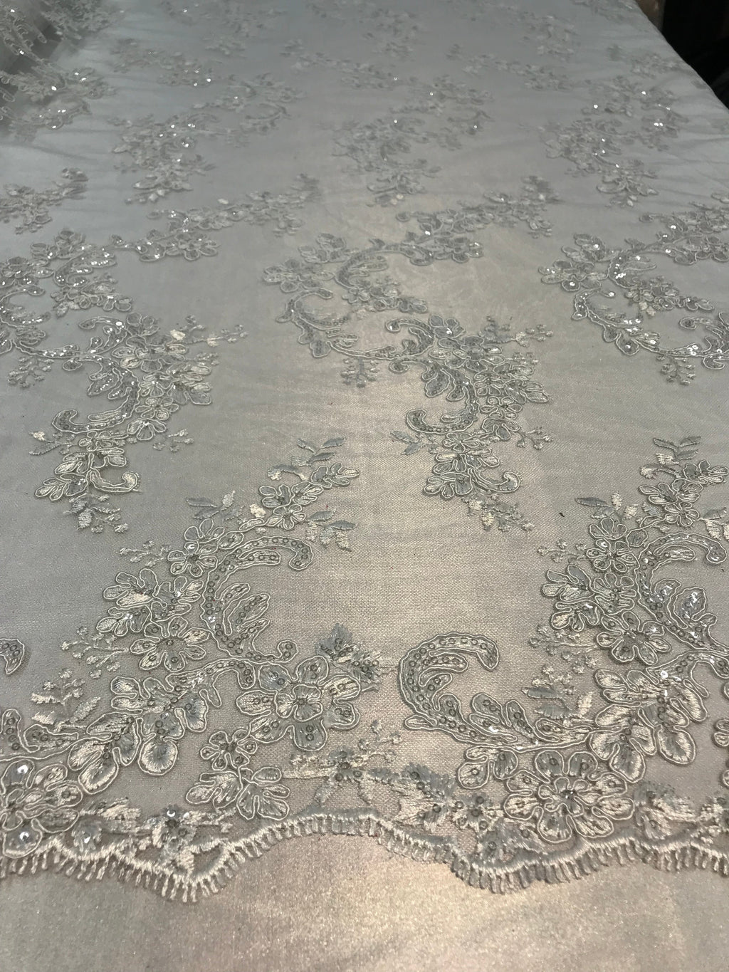 Floral Lace Fabric - White - Flowers Embroidery Sequins Mesh Design Fabric Sold By The Yard
