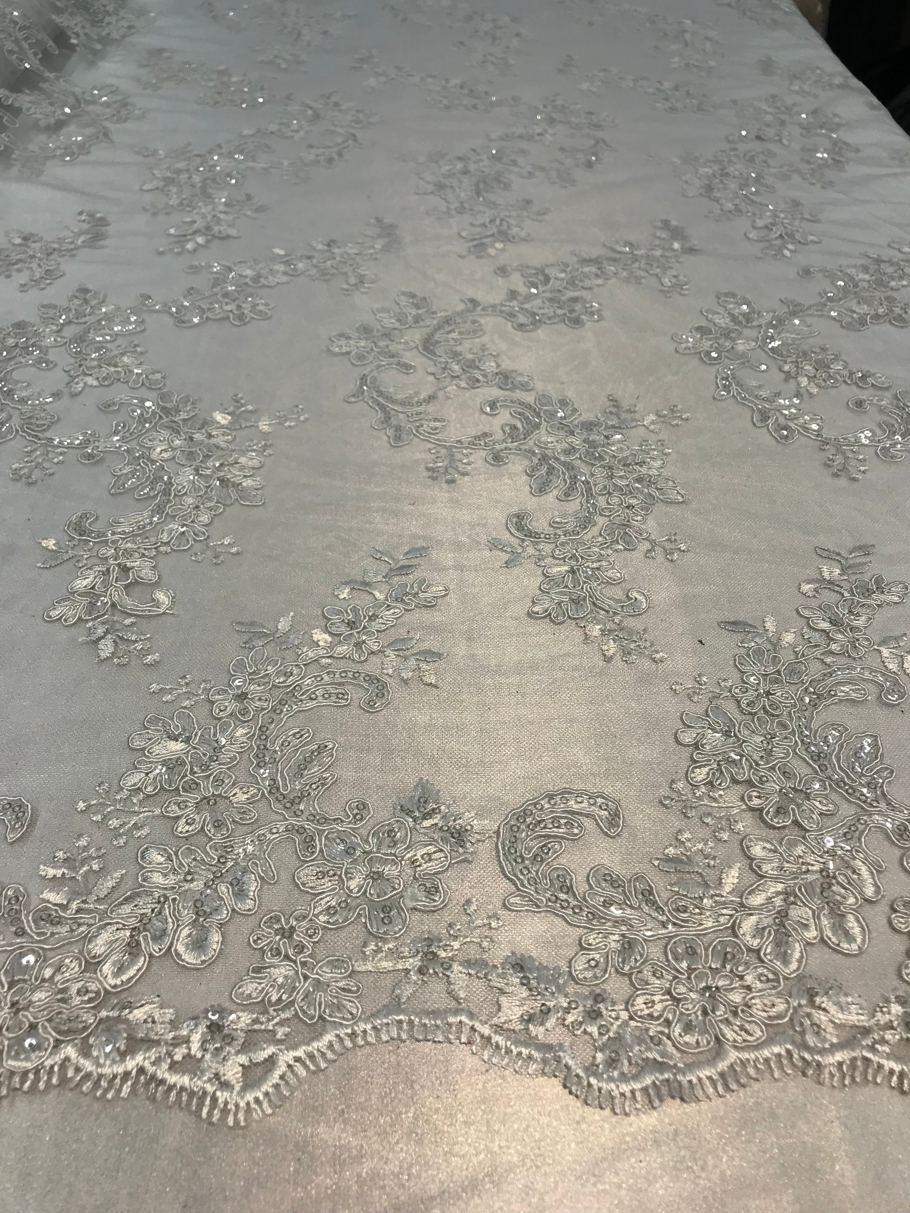 Floral Lace Fabric - White - Flowers Embroidery Sequins Mesh Design Fabric Sold By The Yard