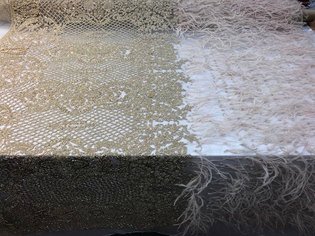 Beaded Feather Fabric - Honey Gold Embroidered Luxury Mesh Lace with Beads and Feathers By The Yard