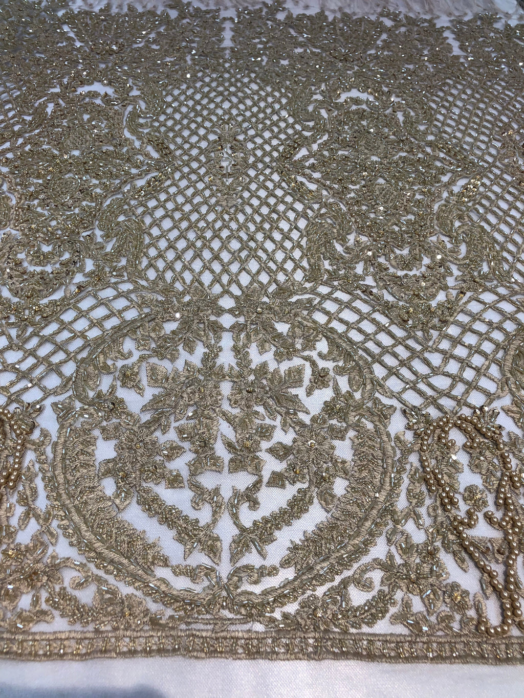Beaded Feather Fabric - Honey Gold Embroidered Luxury Mesh Lace with Beads and Feathers By The Yard