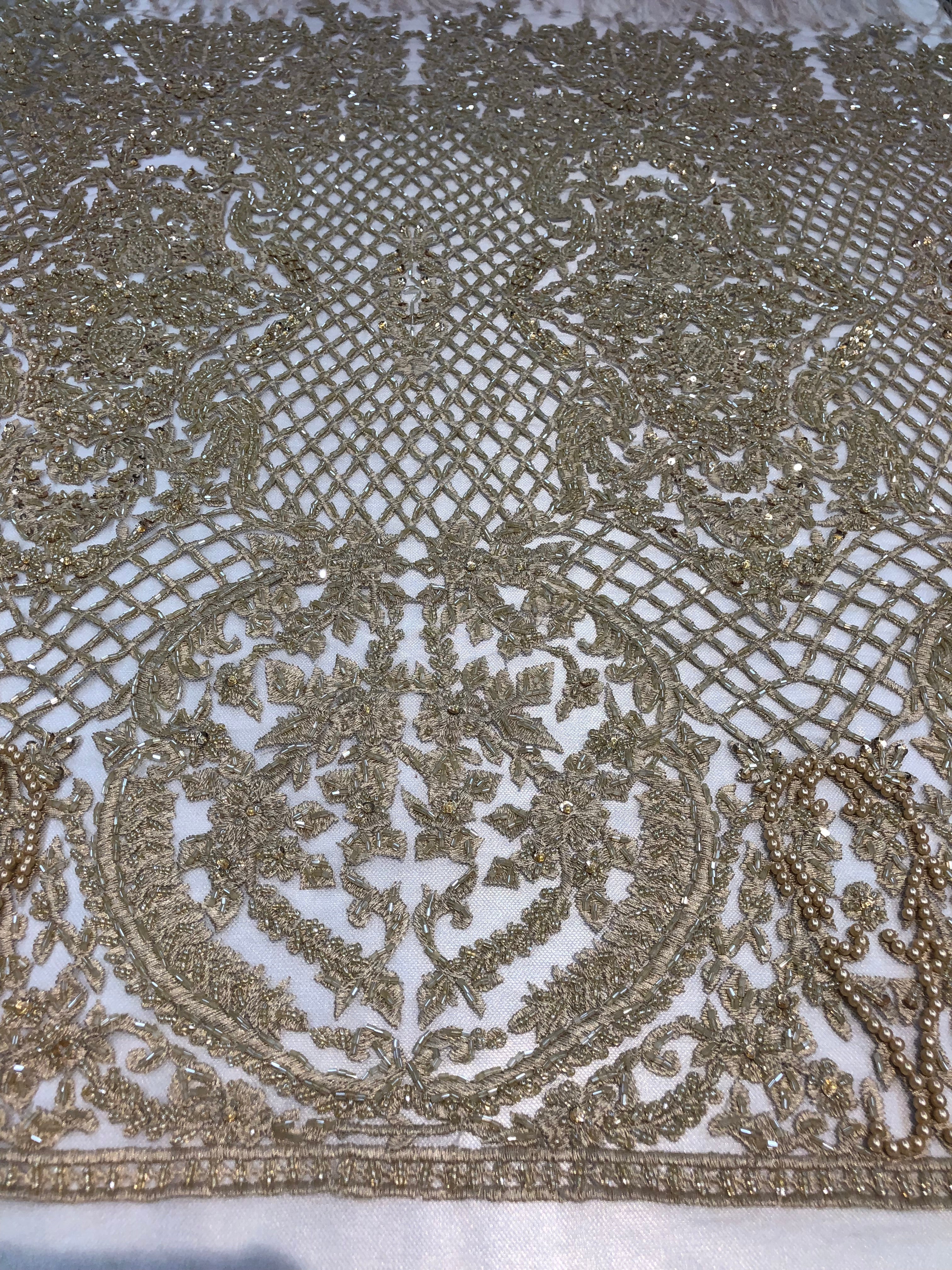 Beaded Feather Fabric - Honey Gold Embroidered Luxury Mesh Lace with Beads and Feathers By The Yard
