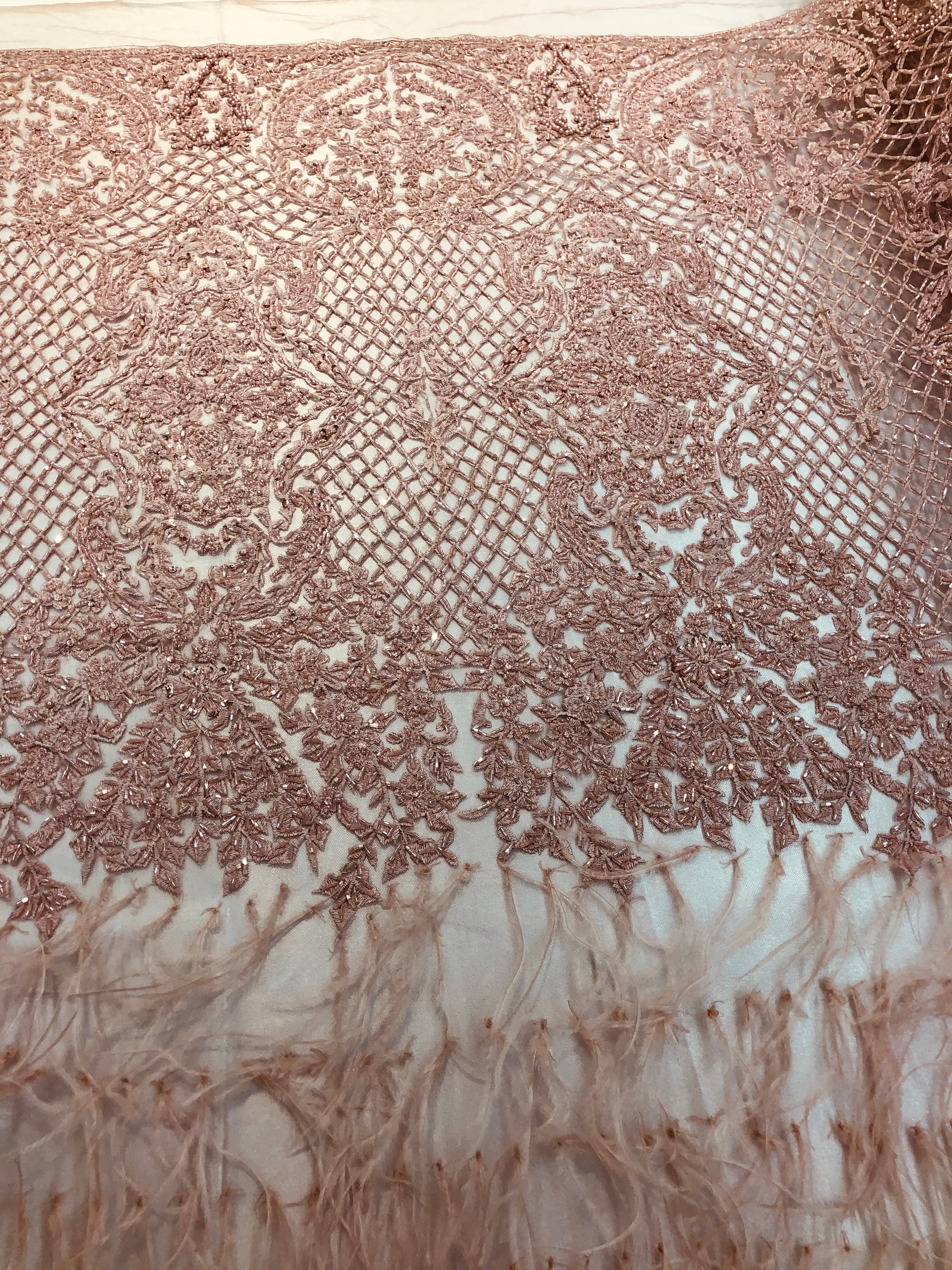 Beaded Feather Fabric - Dusty Rose - Embroidered Luxury Mesh Lace Beads and Feathers By The Yard