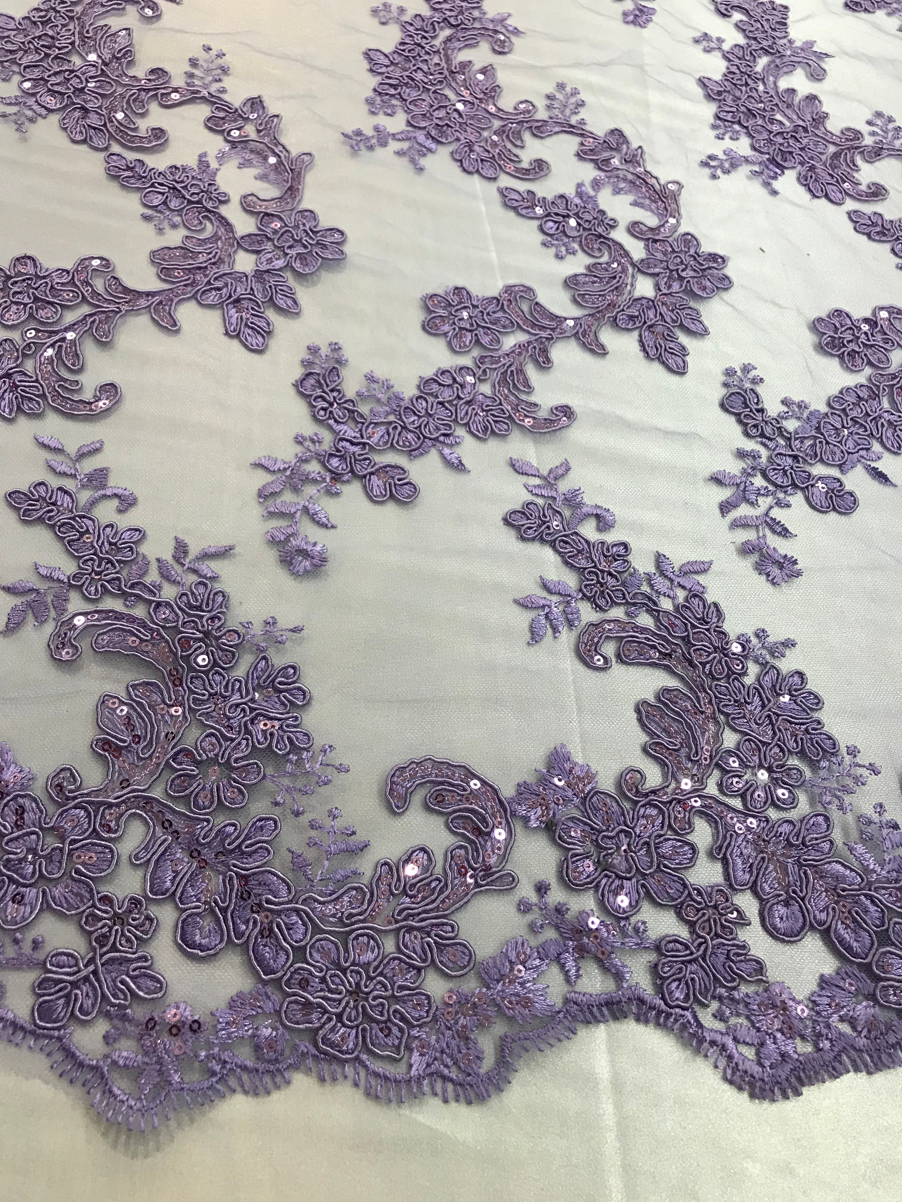 Floral Lace Fabric - Lilac - Flowers Embroidery Sequins Mesh Design Fabric Sold By The Yard