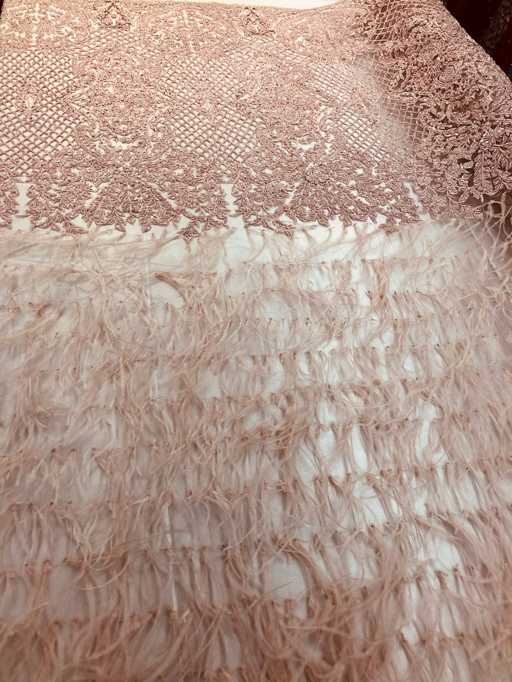 Beaded Feather Fabric - Dusty Rose - Embroidered Luxury Mesh Lace Beads and Feathers By The Yard