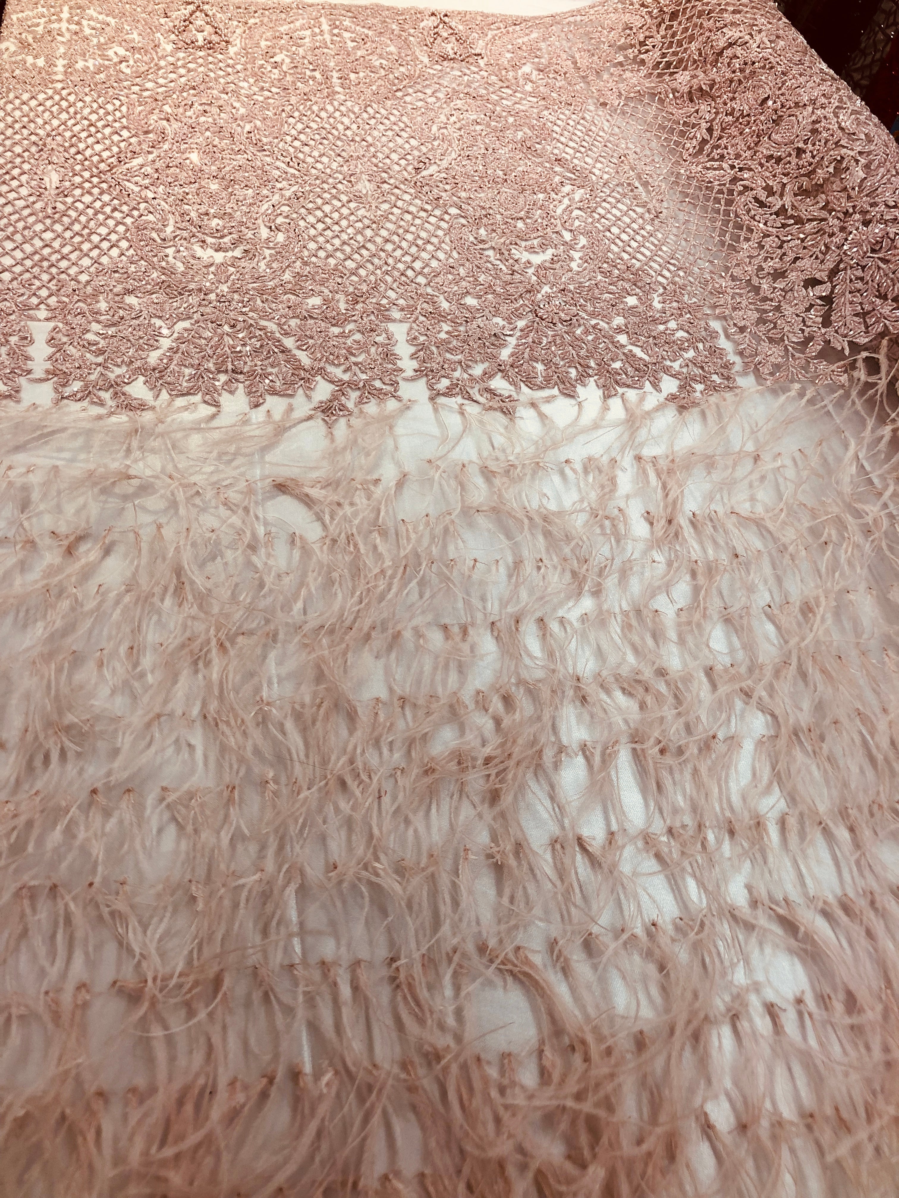 Beaded Feather Fabric - Dusty Rose - Embroidered Luxury Mesh Lace Beads and Feathers By The Yard