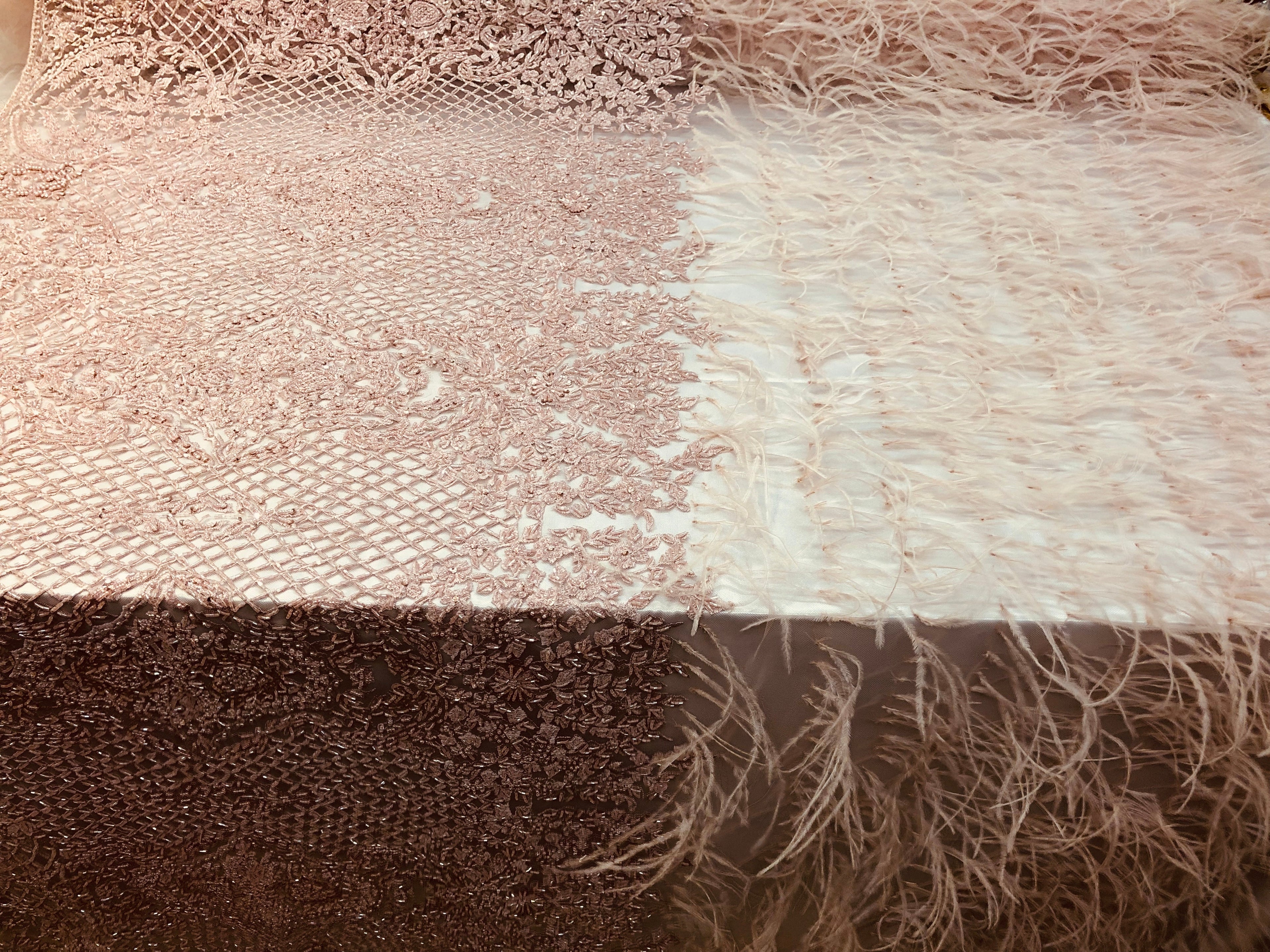 Beaded Feather Fabric - Dusty Rose - Embroidered Luxury Mesh Lace Beads and Feathers By The Yard