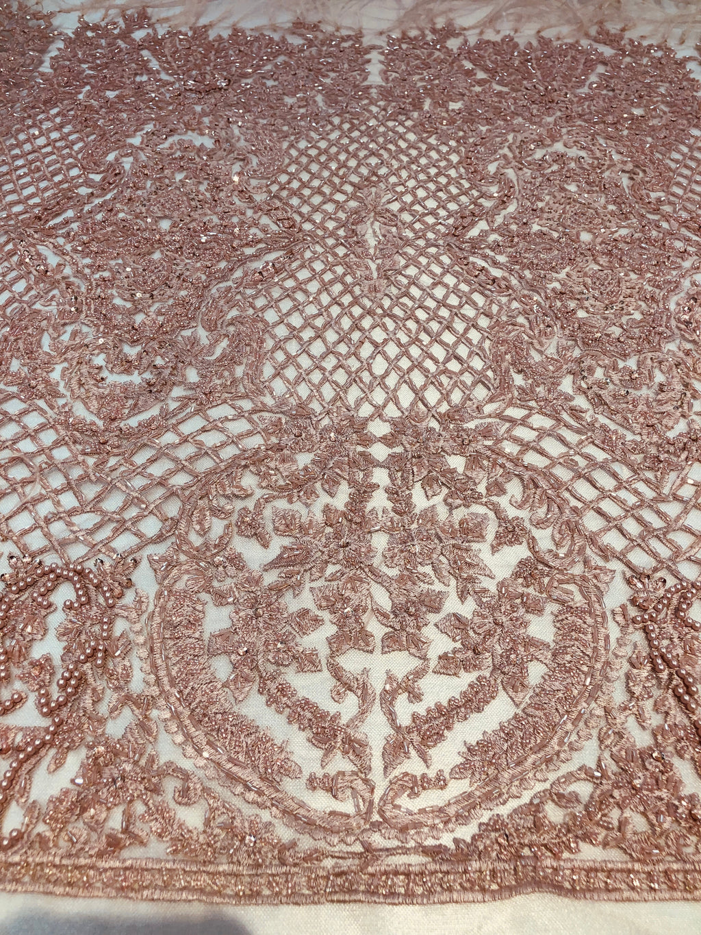 Beaded Feather Fabric - Dusty Rose - Embroidered Luxury Mesh Lace Beads and Feathers By The Yard