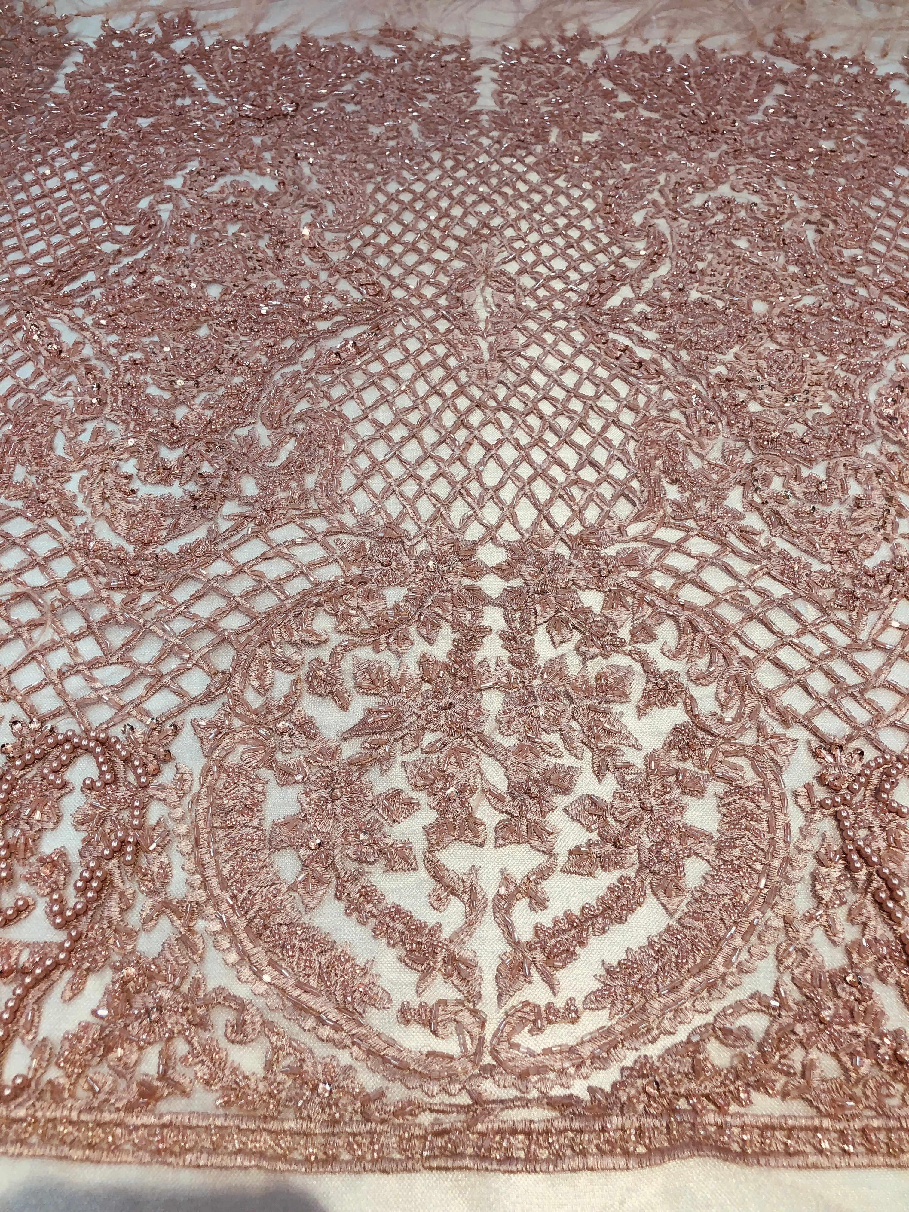 Beaded Feather Fabric - Dusty Rose - Embroidered Luxury Mesh Lace Beads and Feathers By The Yard