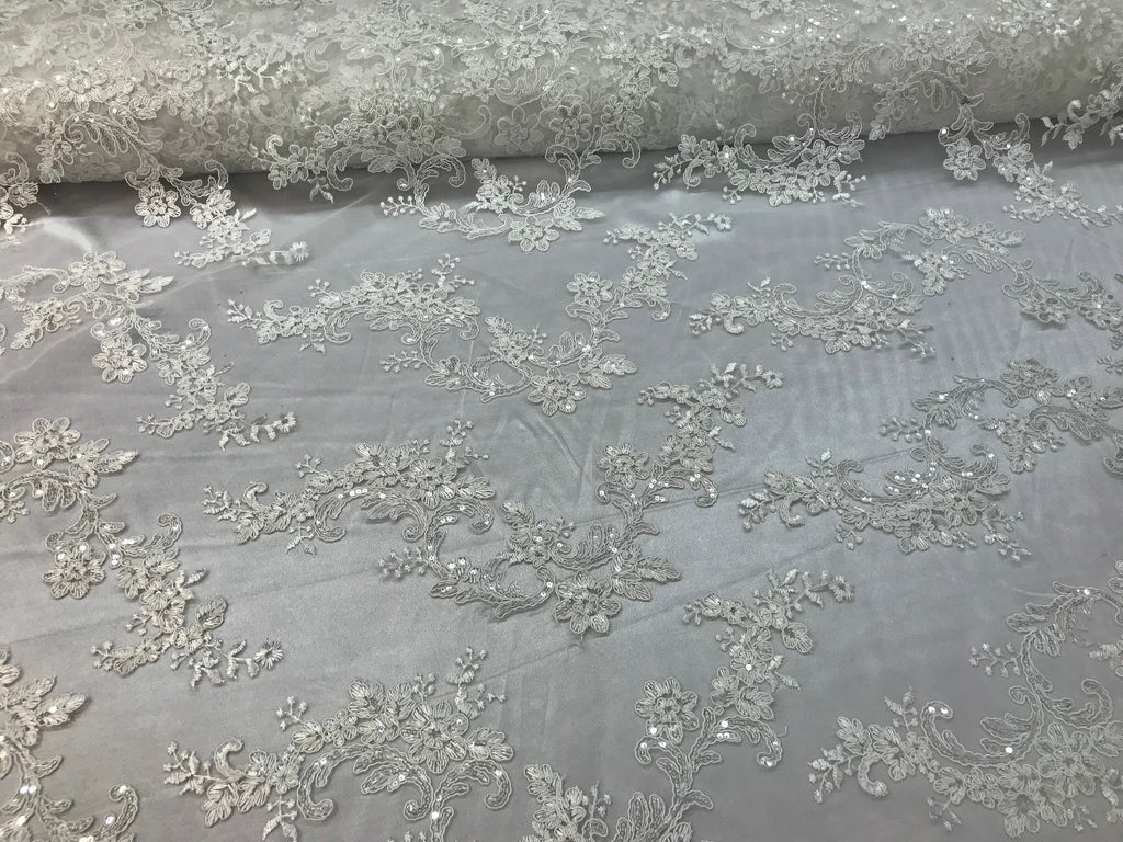 Floral Lace Fabric - Ivory - Flowers Embroidery Sequins Mesh Design Fabric Sold By The Yard