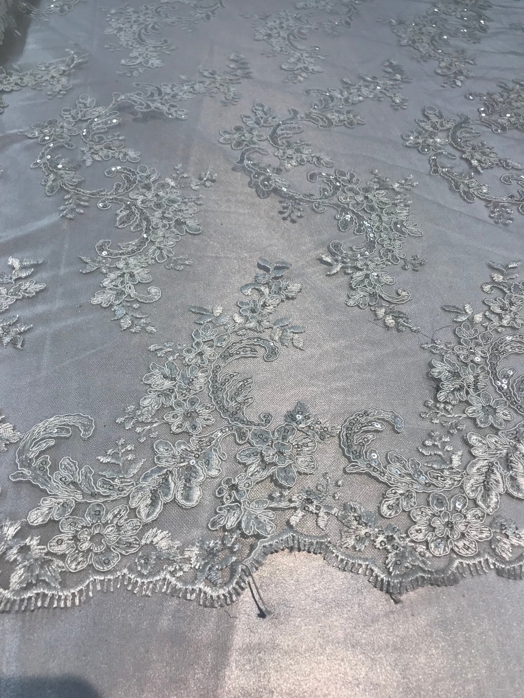 Floral Lace Fabric - Ivory - Flowers Embroidery Sequins Mesh Design Fabric Sold By The Yard