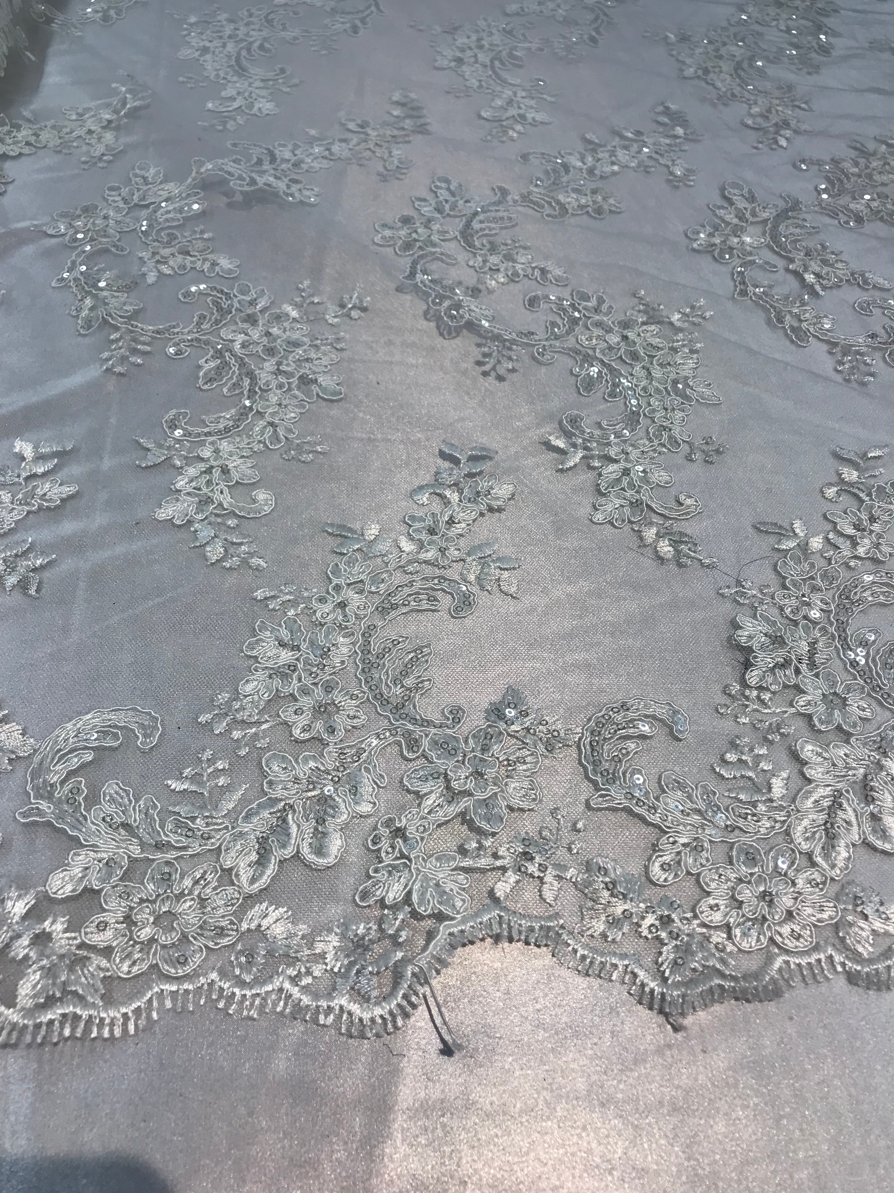 Floral Lace Fabric - Ivory - Flowers Embroidery Sequins Mesh Design Fabric Sold By The Yard
