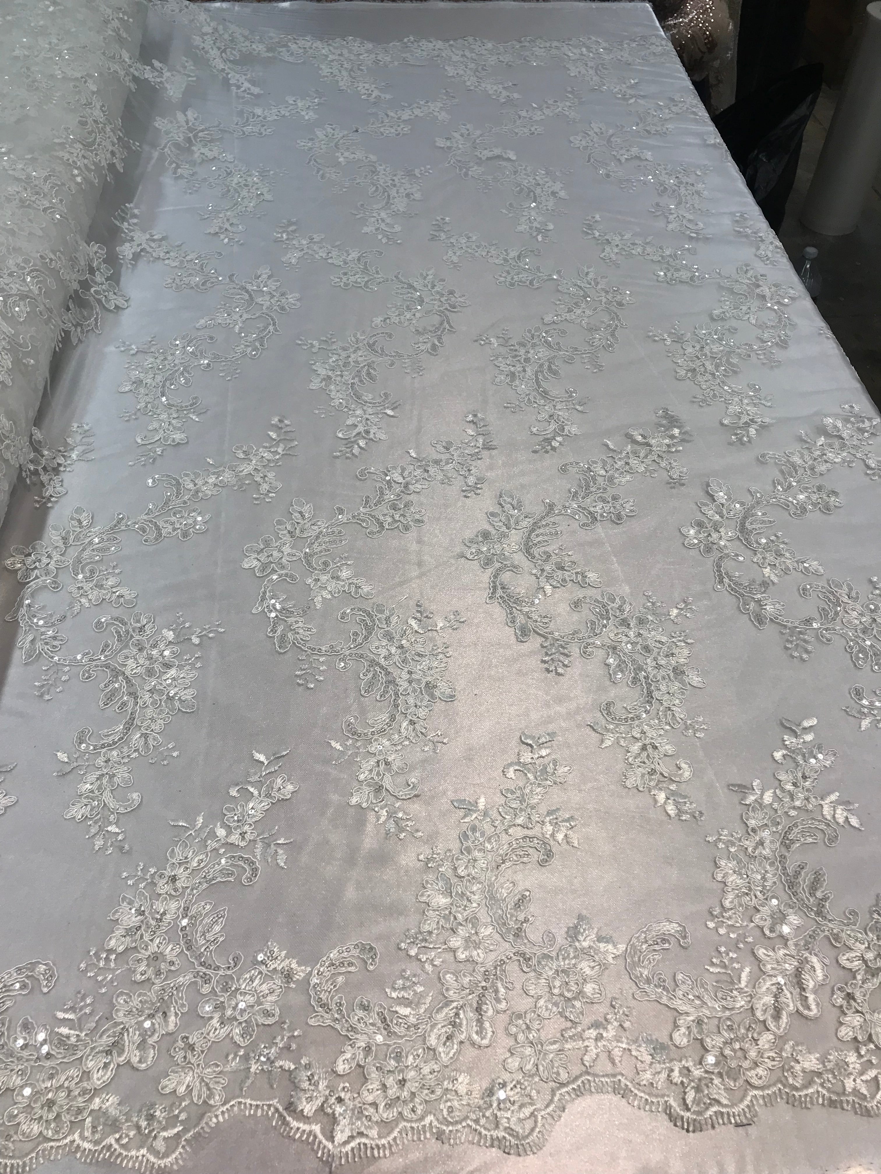 Floral Lace Fabric - Ivory - Flowers Embroidery Sequins Mesh Design Fabric Sold By The Yard
