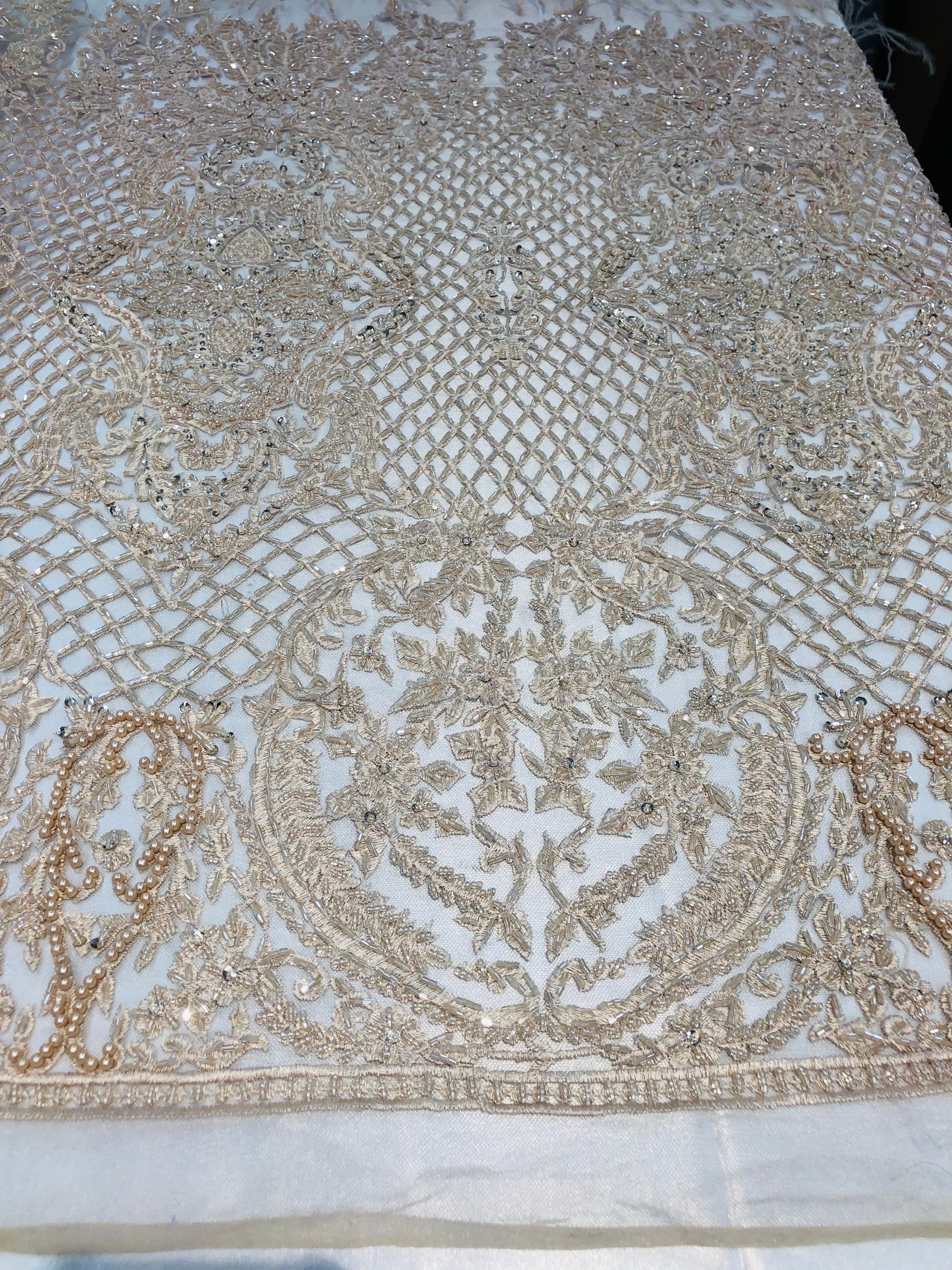 Beaded Feather Fabric - Champagne - Embroidered Luxury Mesh Lace with Beads and Feathers By The Yard