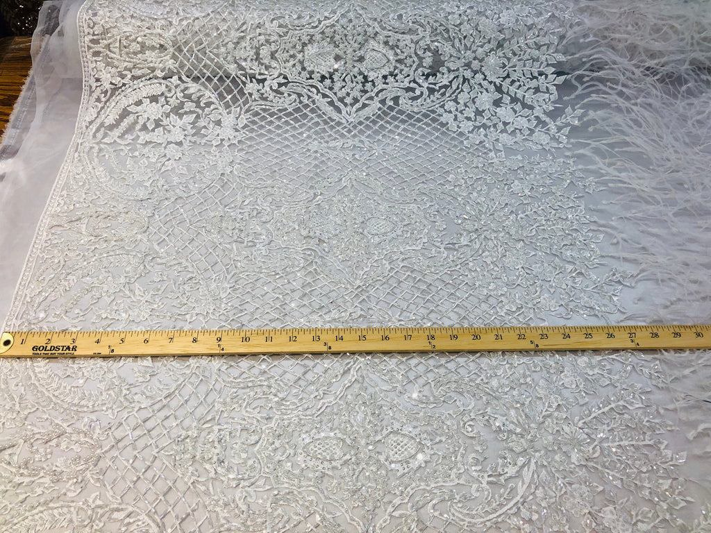 Beaded Feather Fabric - White - Embroidered Luxury Mesh Lace with Beads and Feathers By The Yard
