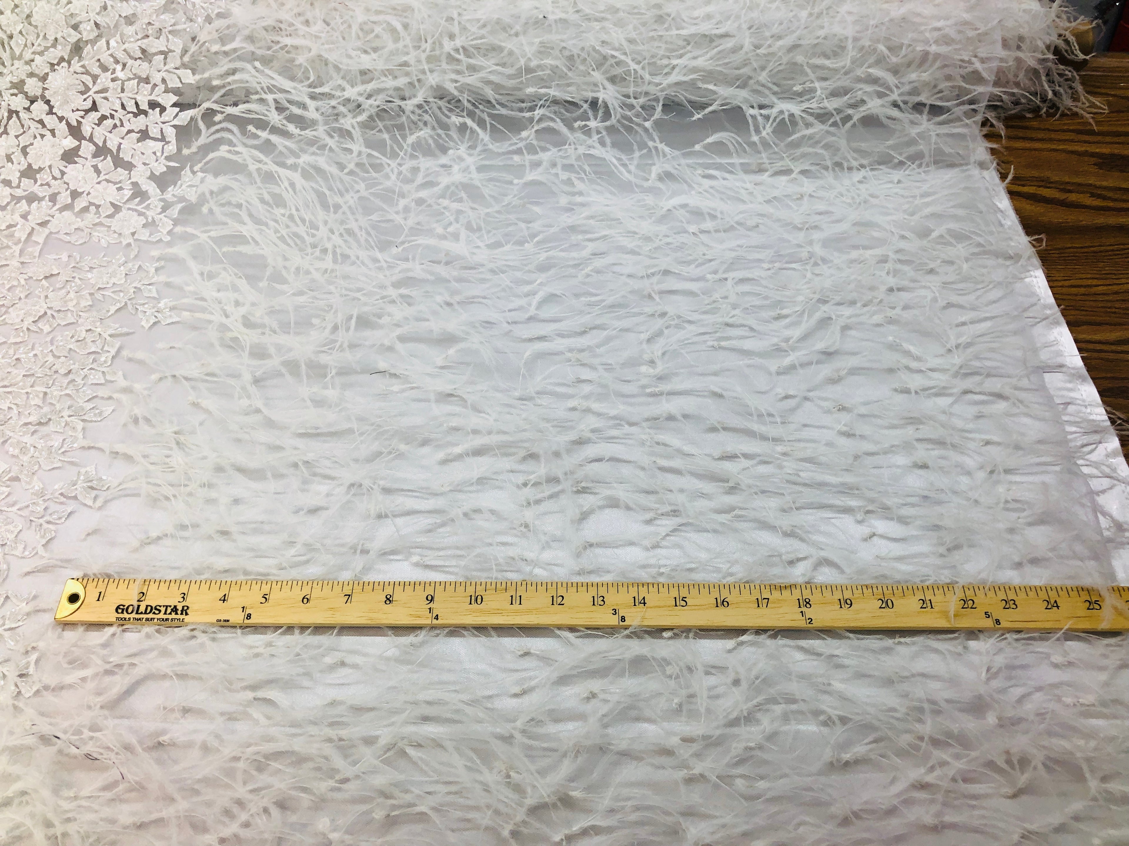 Beaded Feather Fabric - White - Embroidered Luxury Mesh Lace with Beads and Feathers By The Yard