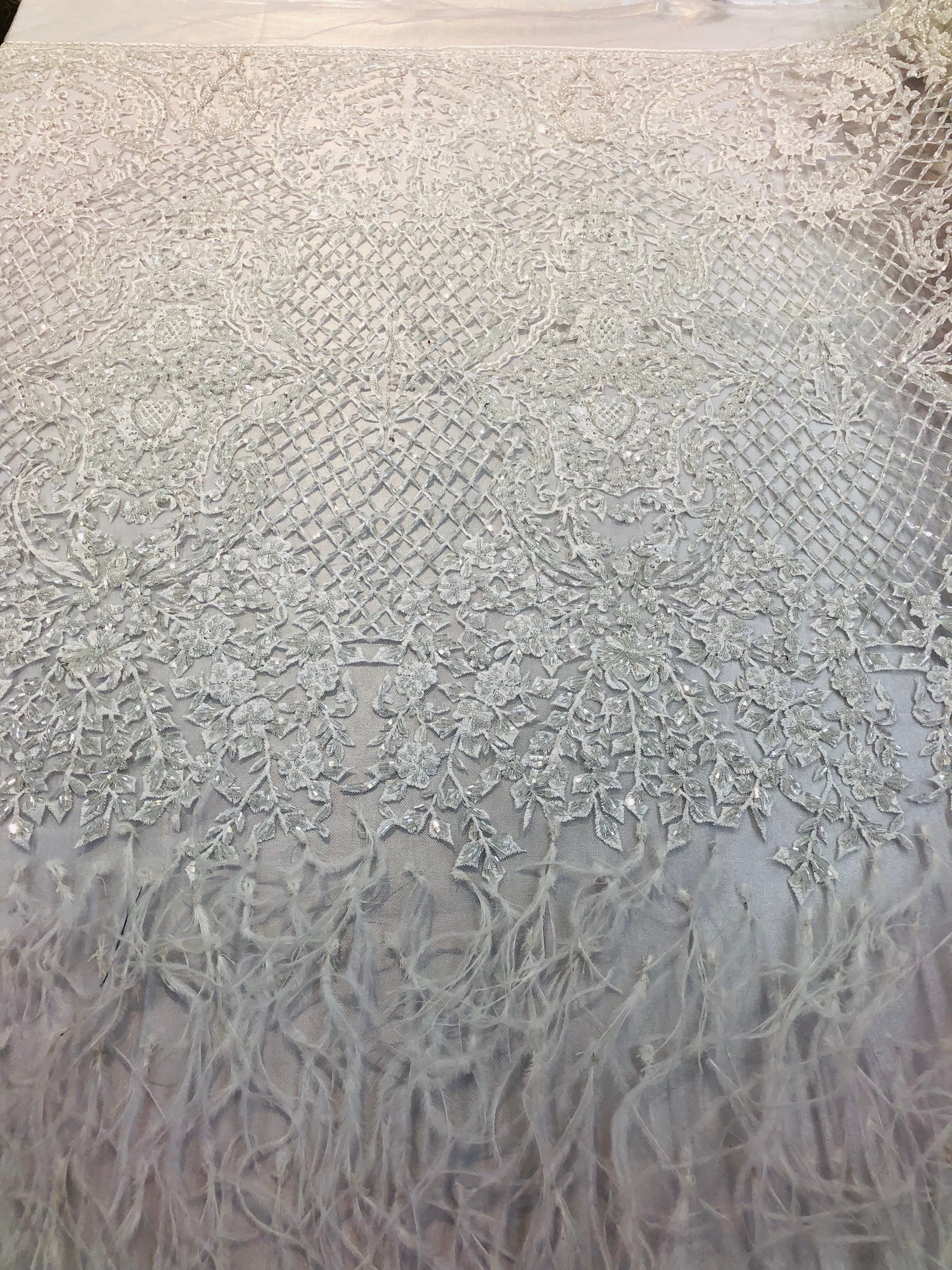 Beaded Feather Fabric - White - Embroidered Luxury Mesh Lace with Beads and Feathers By The Yard