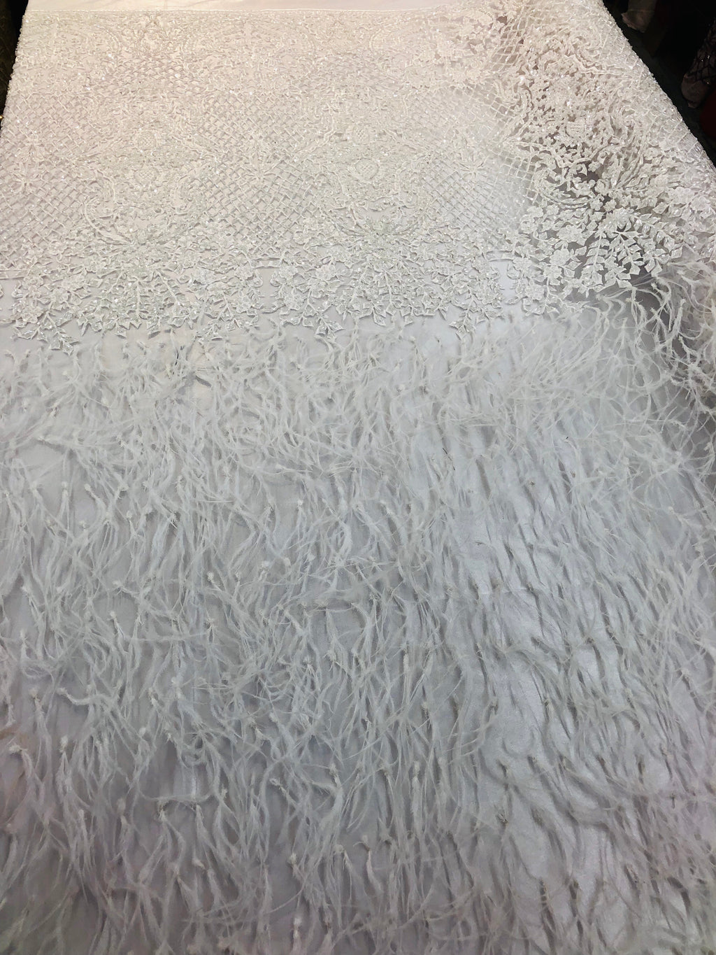 Beaded Feather Fabric - White - Embroidered Luxury Mesh Lace with Beads and Feathers By The Yard
