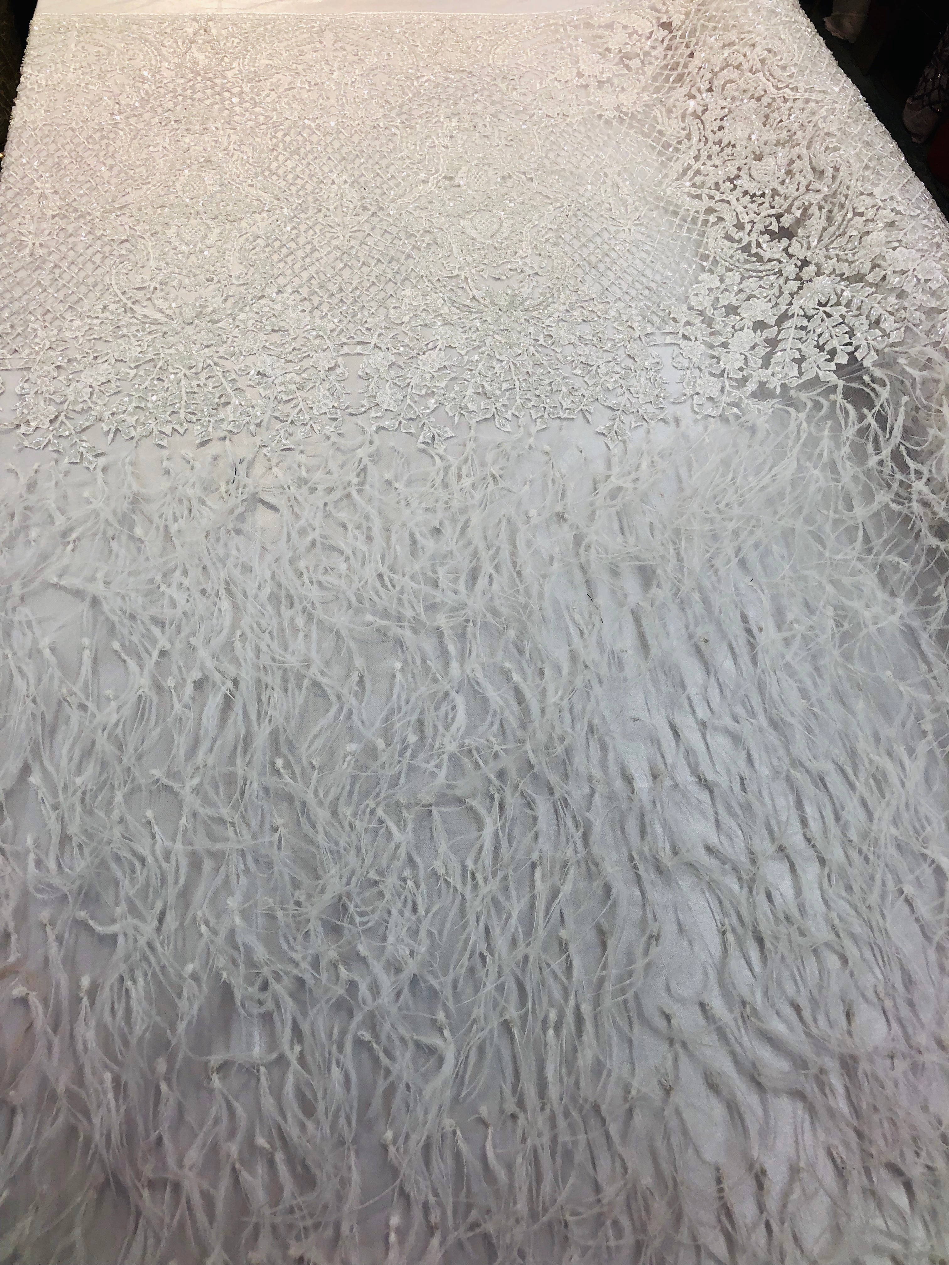 Beaded Feather Fabric - White - Embroidered Luxury Mesh Lace with Beads and Feathers By The Yard