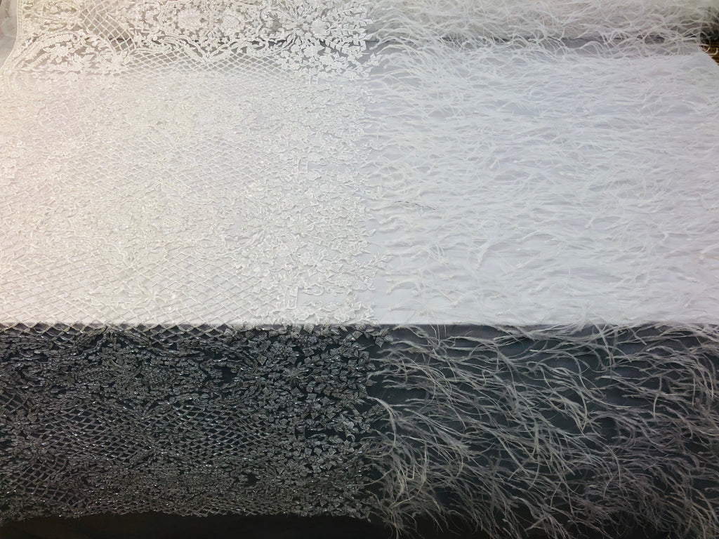 Beaded Feather Fabric - White - Embroidered Luxury Mesh Lace with Beads and Feathers By The Yard