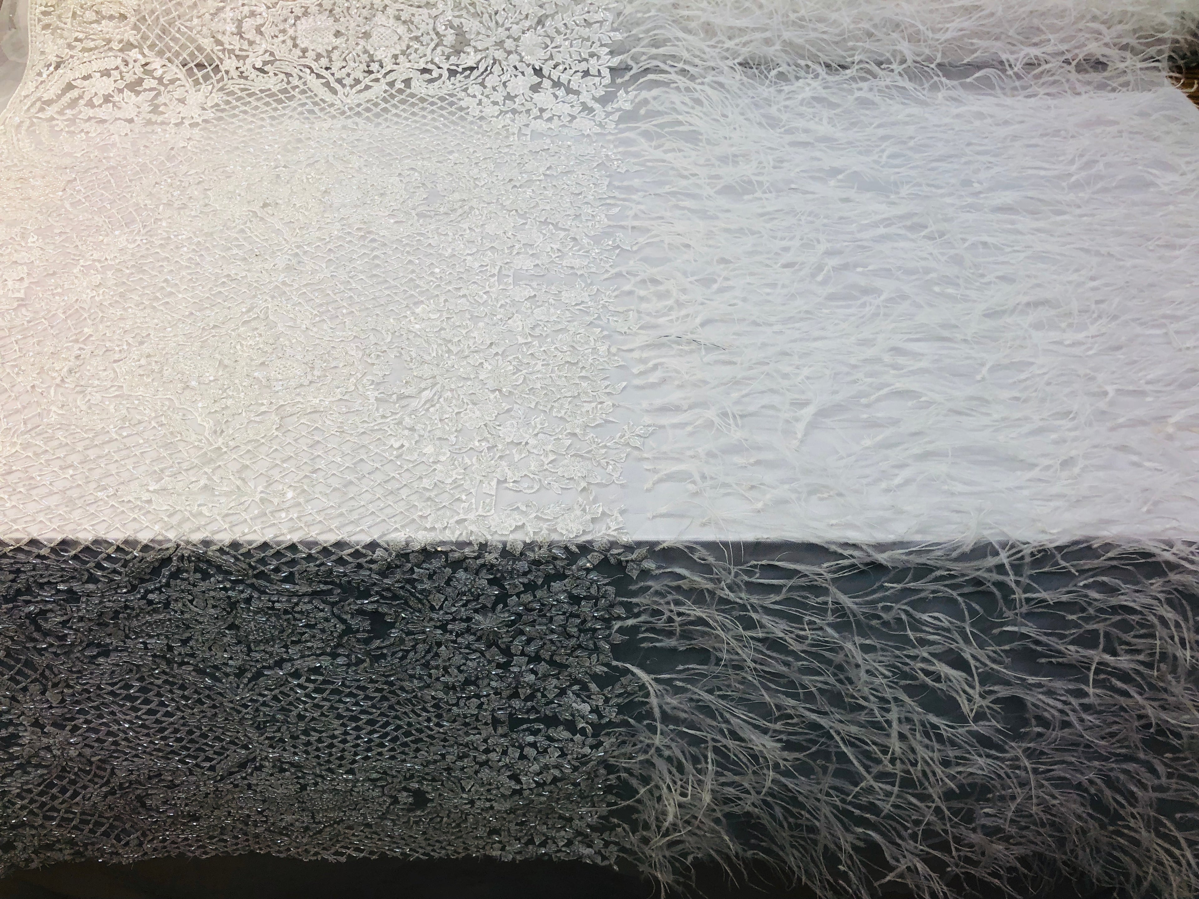 Beaded Feather Fabric - White - Embroidered Luxury Mesh Lace with Beads and Feathers By The Yard