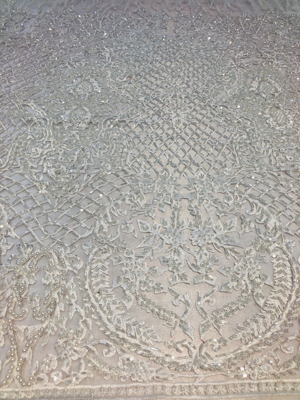 Beaded Feather Fabric - White - Embroidered Luxury Mesh Lace with Beads and Feathers By The Yard
