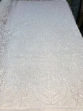 Beaded Feather Fabric - White - Embroidered Luxury Mesh Lace with Beads and Feathers By The Yard
