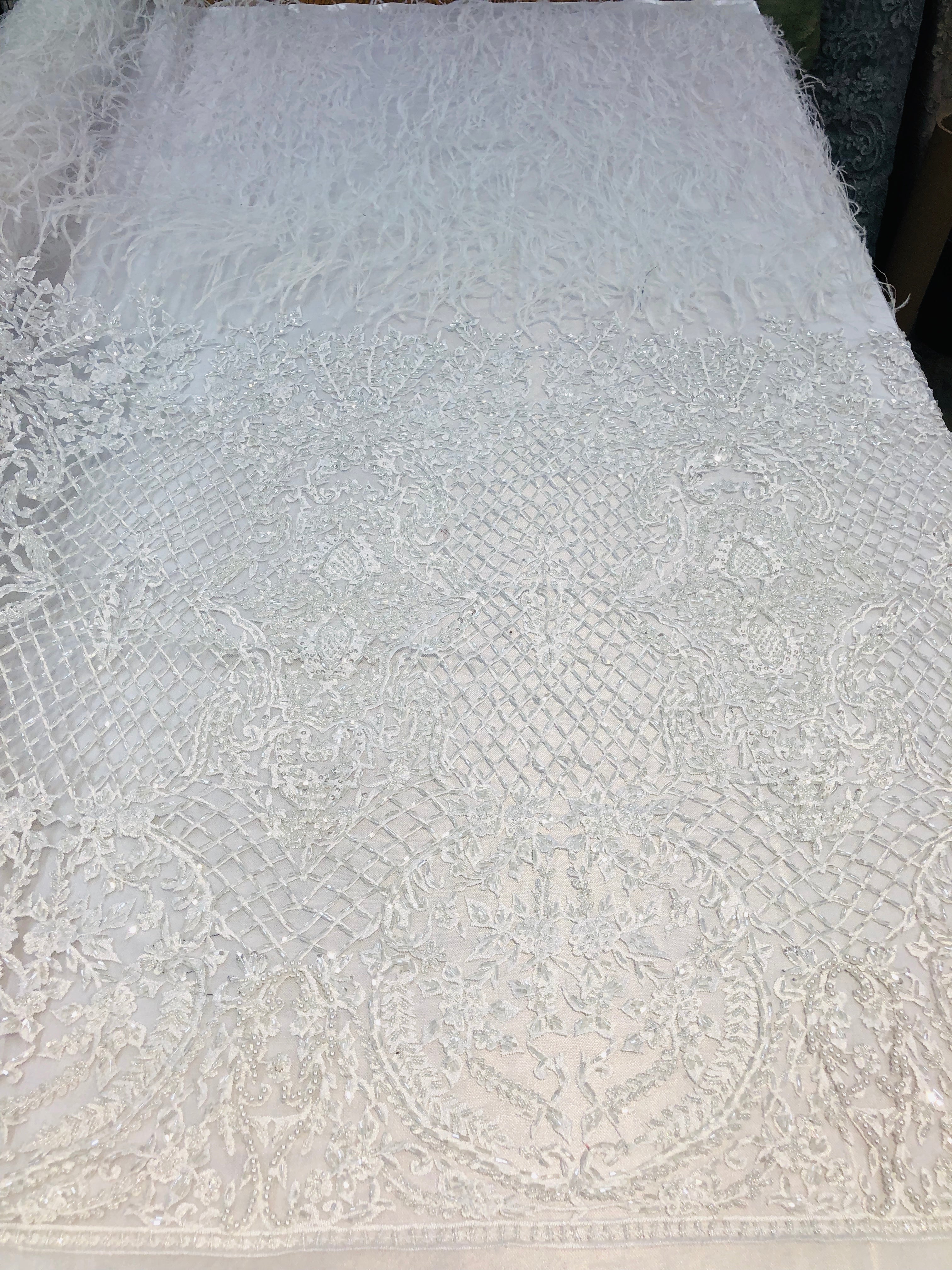 Beaded Feather Fabric - White - Embroidered Luxury Mesh Lace with Beads and Feathers By The Yard