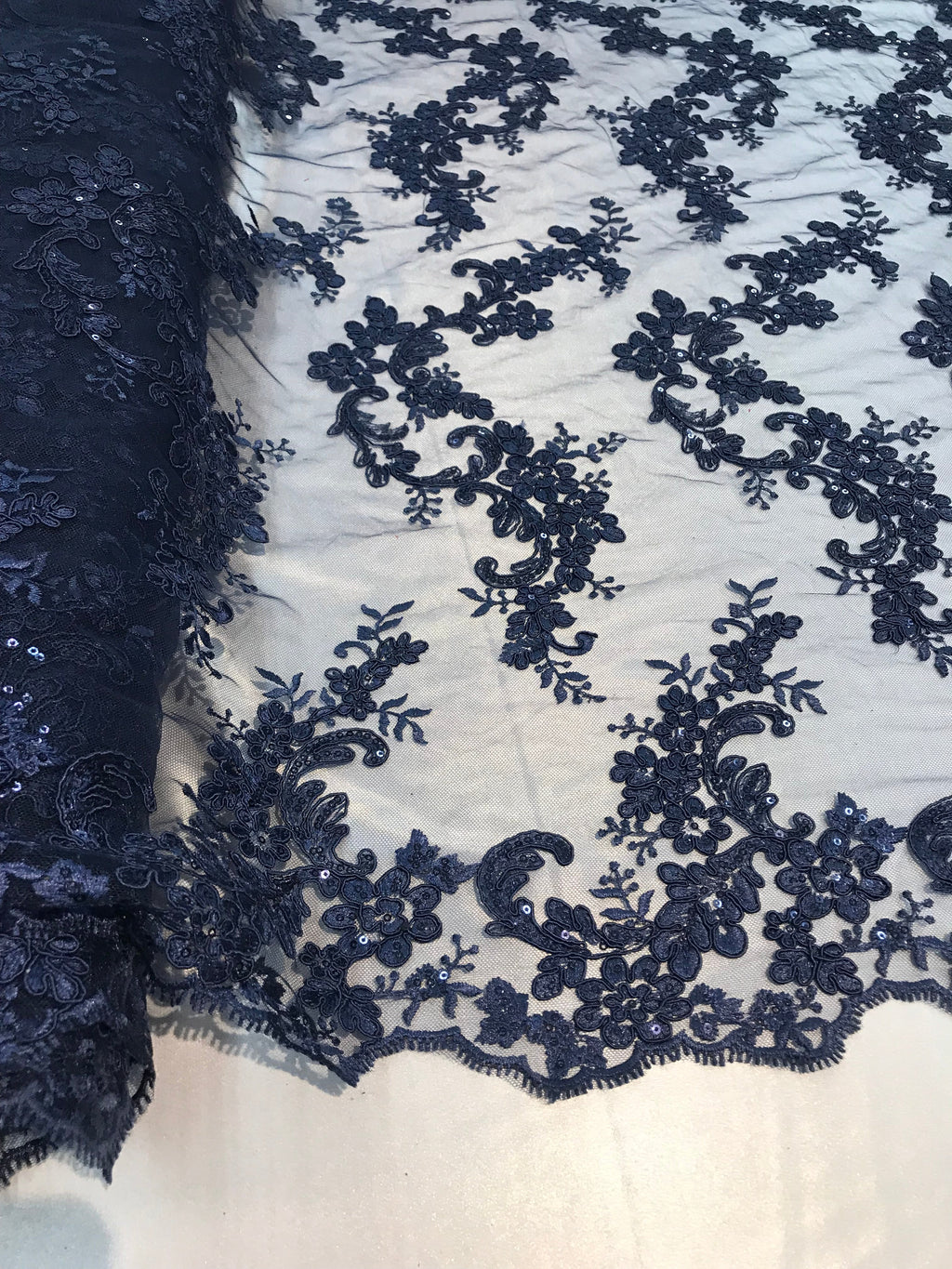 Floral Lace Fabric - Navy - Flowers Embroidery Sequins Mesh Design Fabric Sold By The Yard
