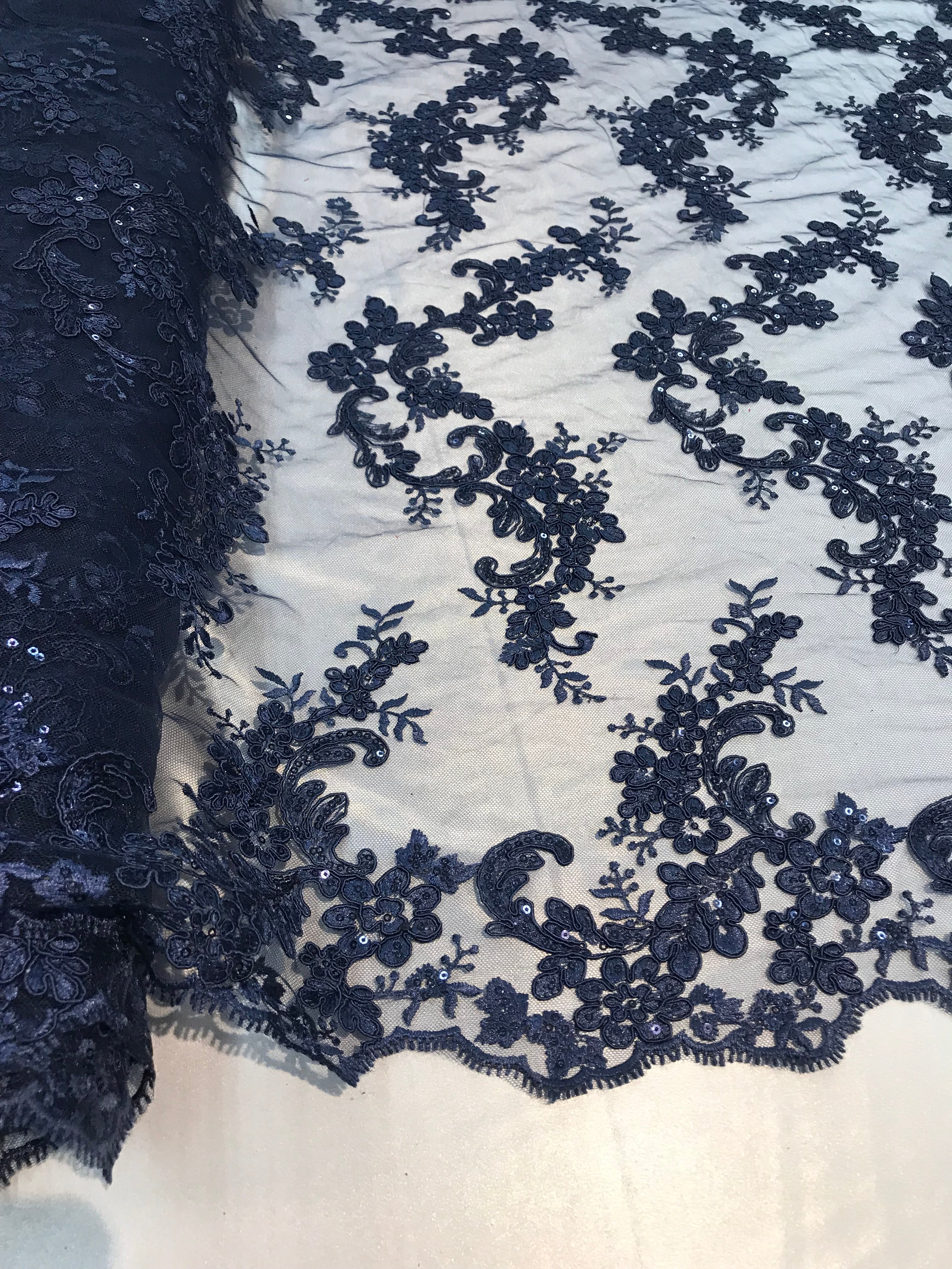 Floral Lace Fabric - Navy - Flowers Embroidery Sequins Mesh Design Fabric Sold By The Yard