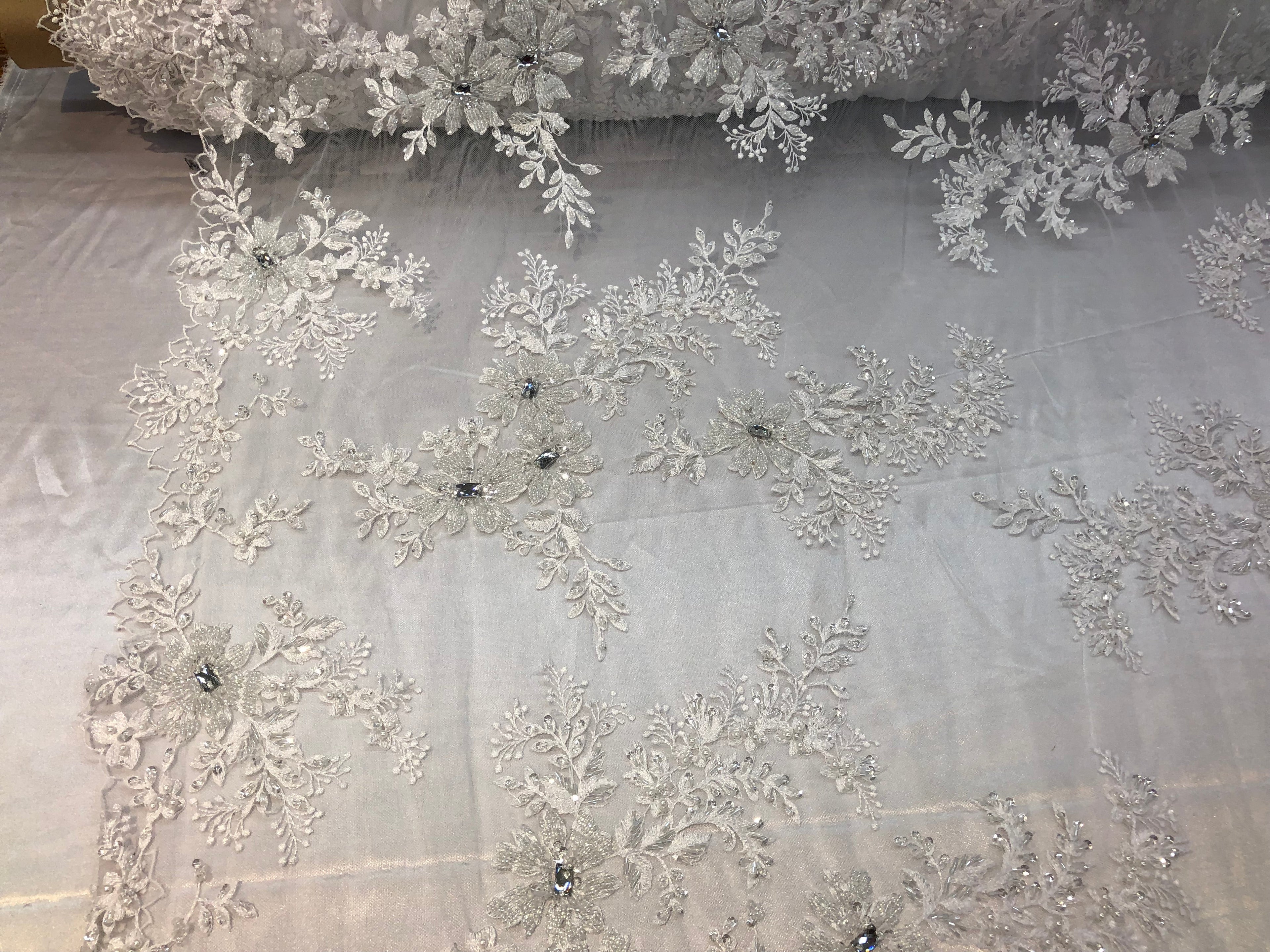 Beaded Fabric - White - Embroidered Flower Lace Fabric with Beads On A Mesh Sold By The Yard