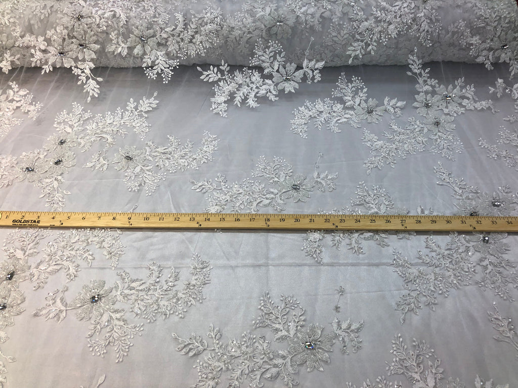 Beaded Fabric - White - Embroidered Flower Lace Fabric with Beads On A Mesh Sold By The Yard