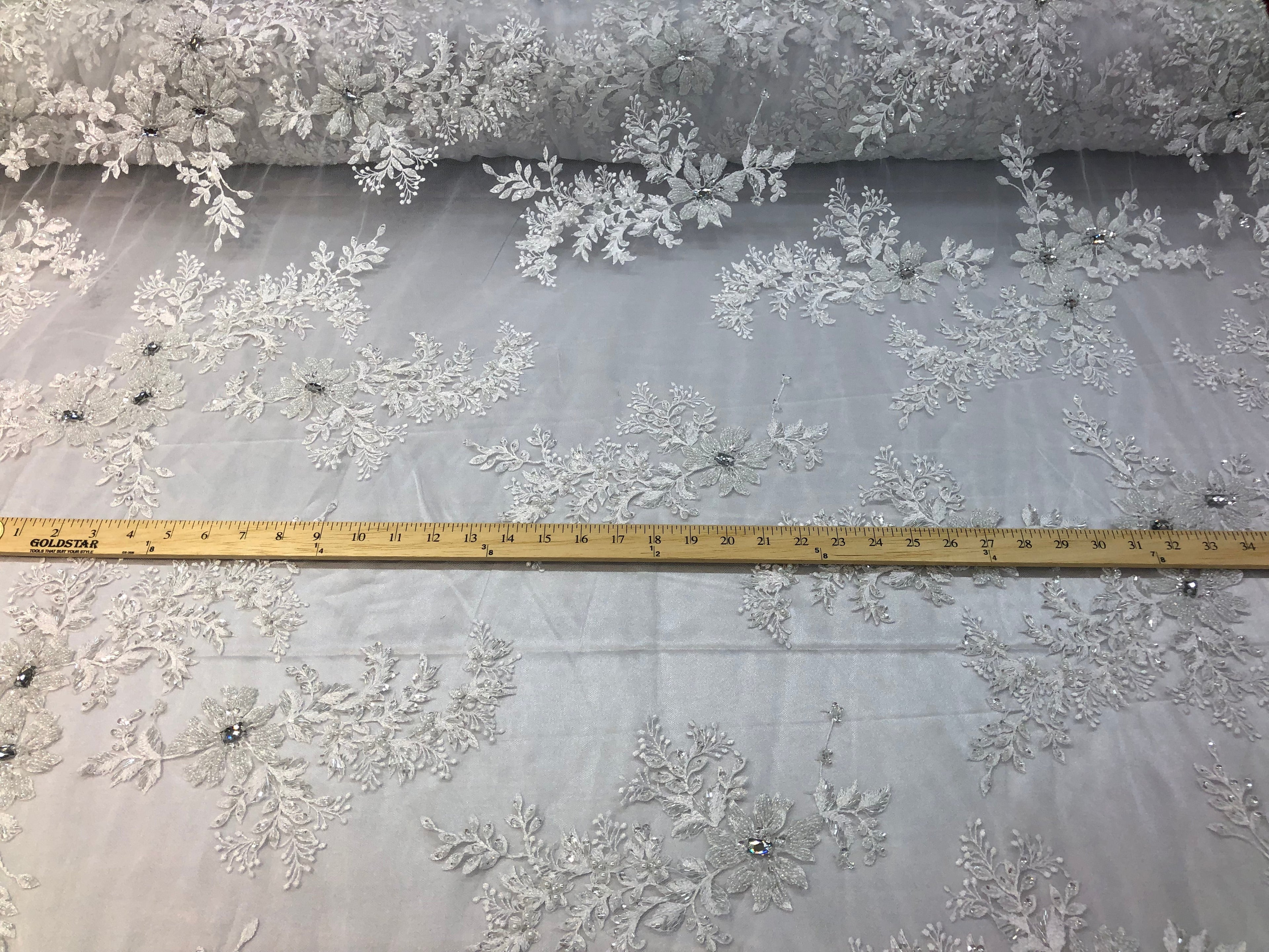 Beaded Fabric - White - Embroidered Flower Lace Fabric with Beads On A Mesh Sold By The Yard