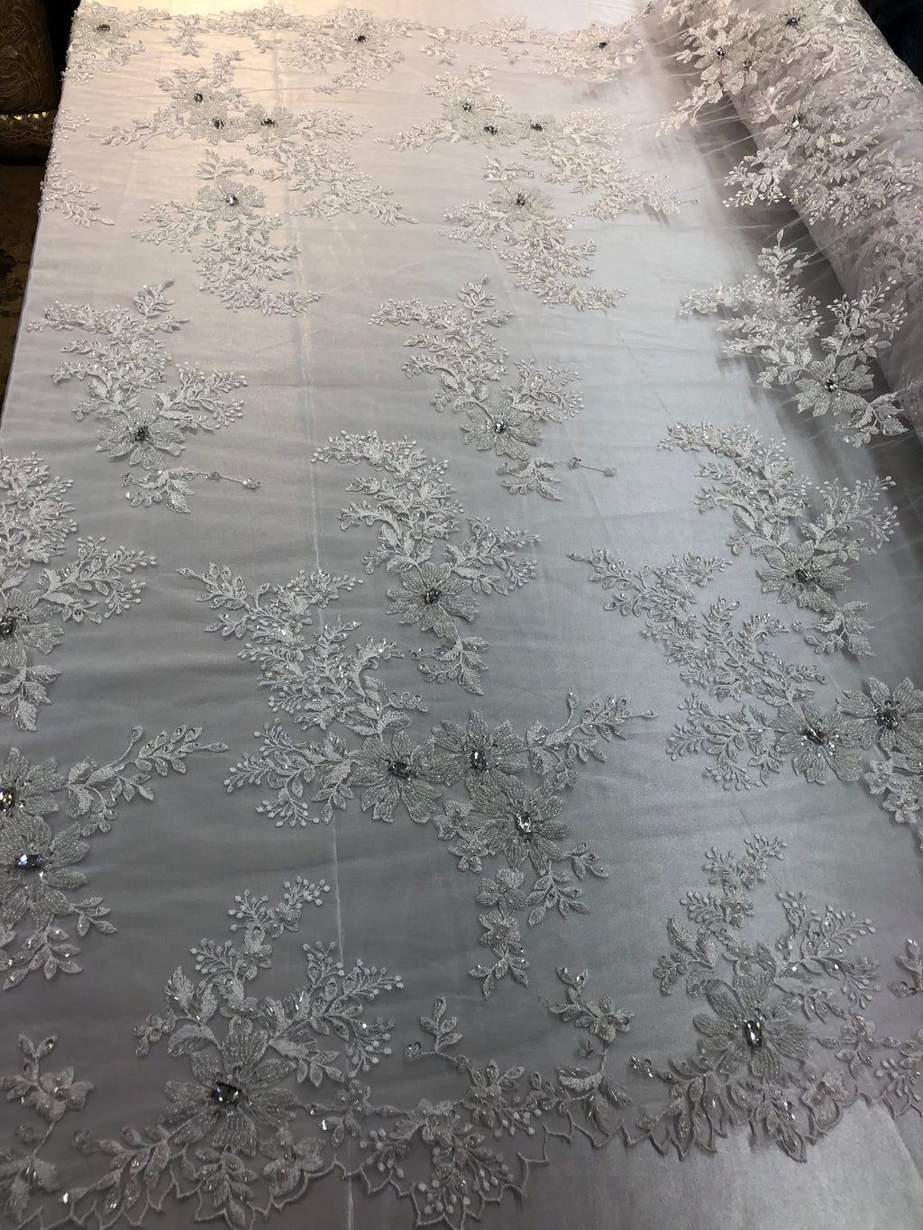 Beaded Fabric - White - Embroidered Flower Lace Fabric with Beads On A Mesh Sold By The Yard