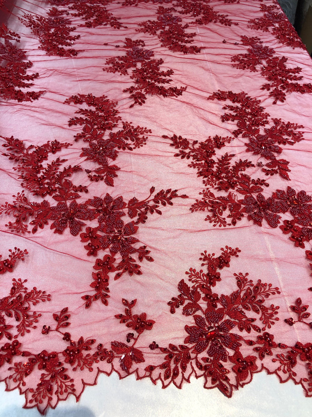 Beaded Fabric - Red - Embroidered Flower Lace Fabric with Beads On A Mesh Sold By The Yard