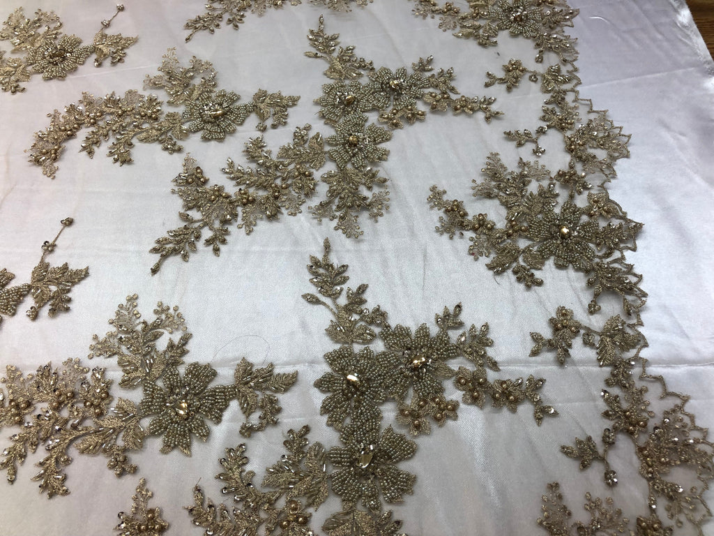 Beaded Fabric - Champagne - Embroidered Flower Lace Fabric with Beads On A Mesh Sold By The Yard